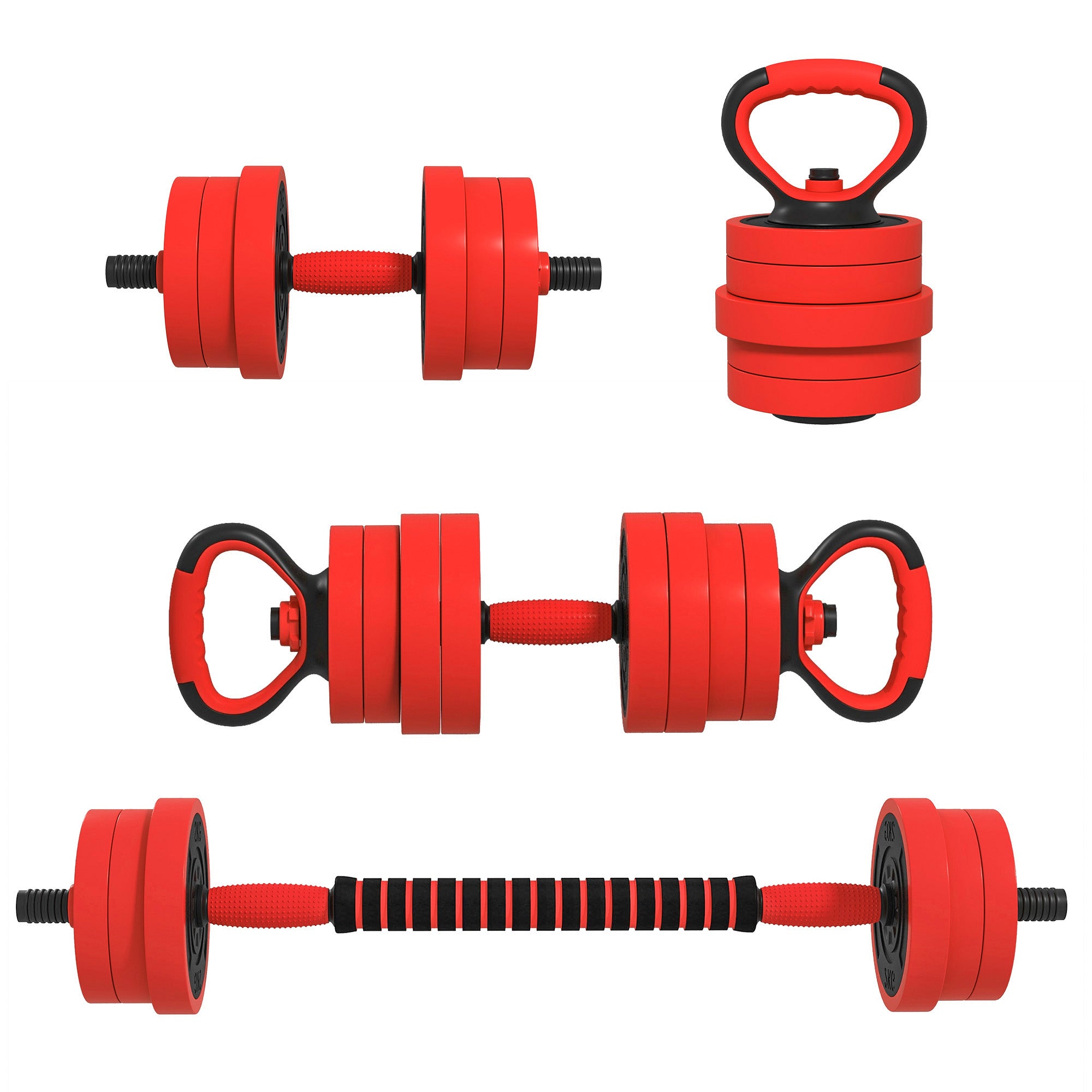 SPORTNOW 20kg Säädettävä Käsipainosetti 4-in-1 Kuntosarjalla Kettlebell Barbell Voimaharjoitteluun Kotiin ja Toimistoon Punainen