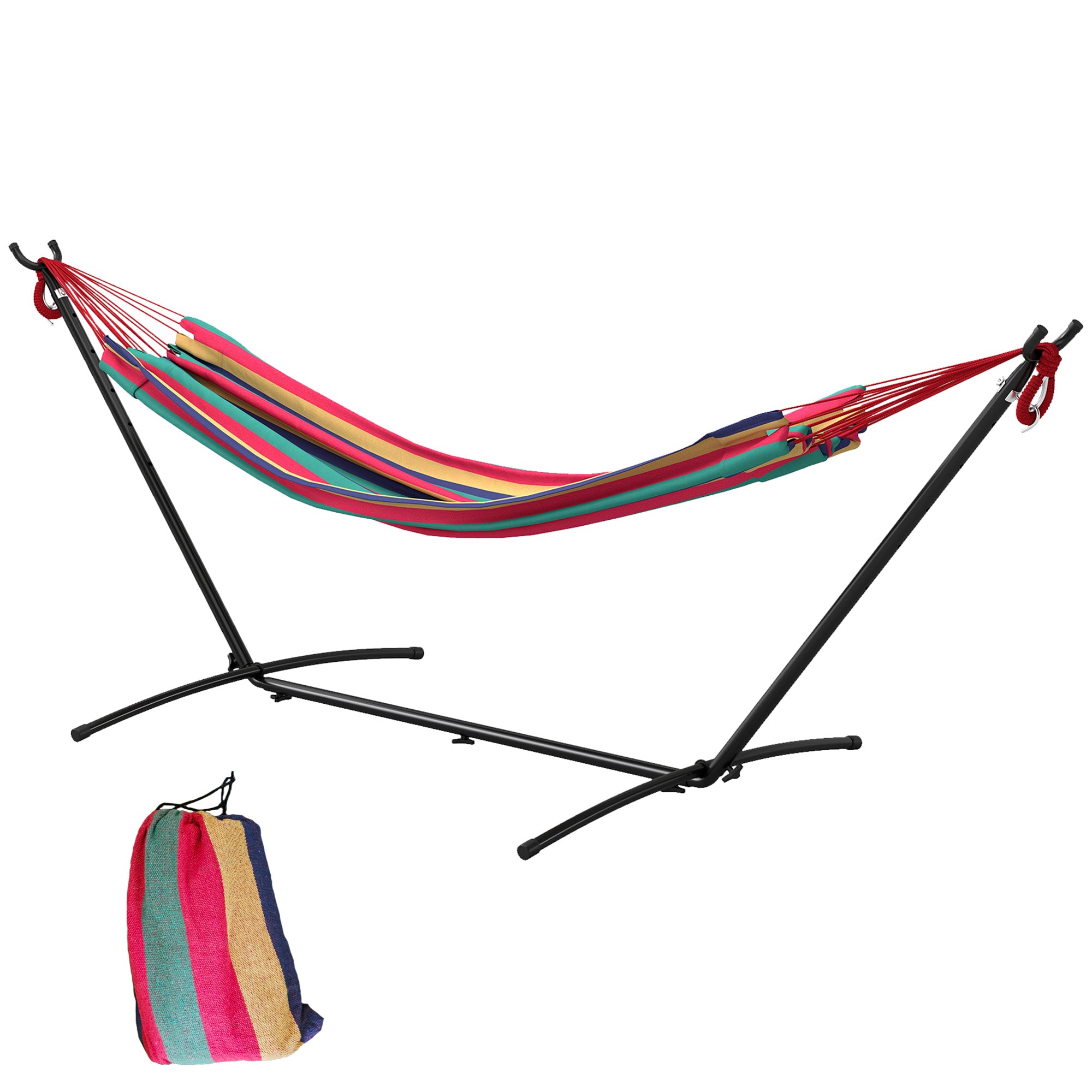Outsunny Hængekøje med Stativ 310x117 cm Camping Hængekøje med Transporttaske Justerbar Højde 120 kg Belastning til Patio Terrasse Orange og Røde Striber
