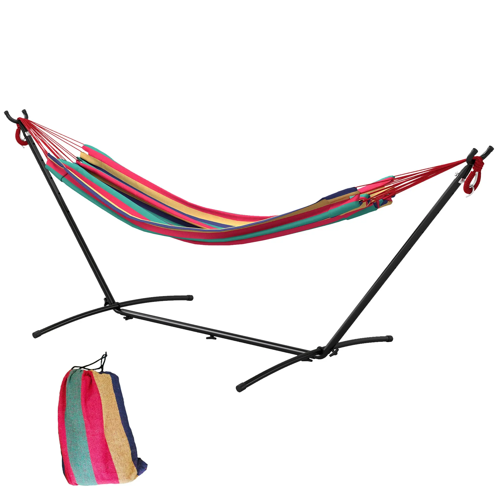 Hammock with Stand 310x117 cm Camping Hammock with Portable Carrying Bag Adjustable Height 120 kg Load for Patio Terrace Orange and Red Stripes
