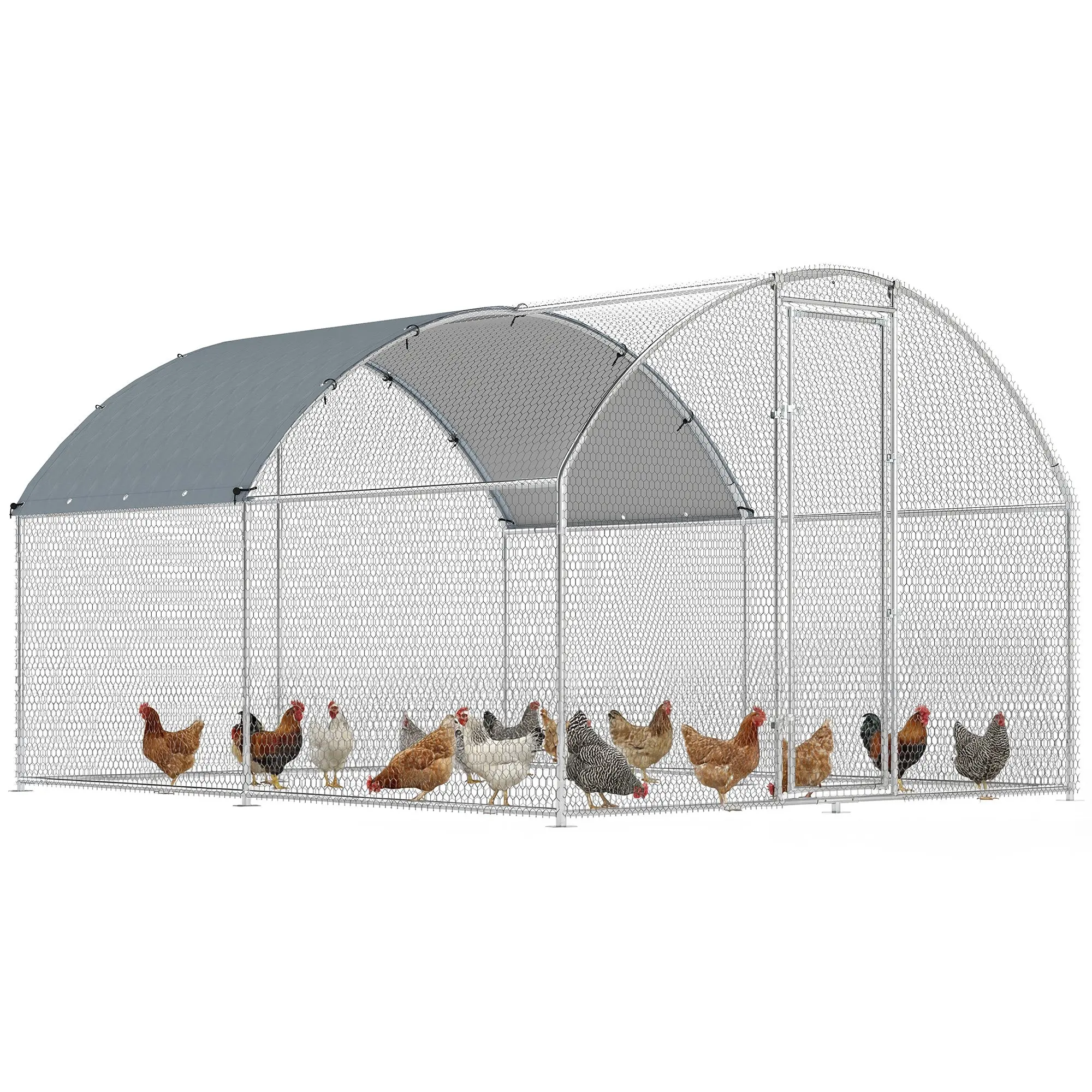 Large Outdoor Chicken Run 2.8 x 3.4 x 1.9 m (9.5 m²) — Galvanized Steel Coop with 420D Oxford Waterproof & UV Canopy, Door & Double Latches, Fits 10–16 Hens, Silver