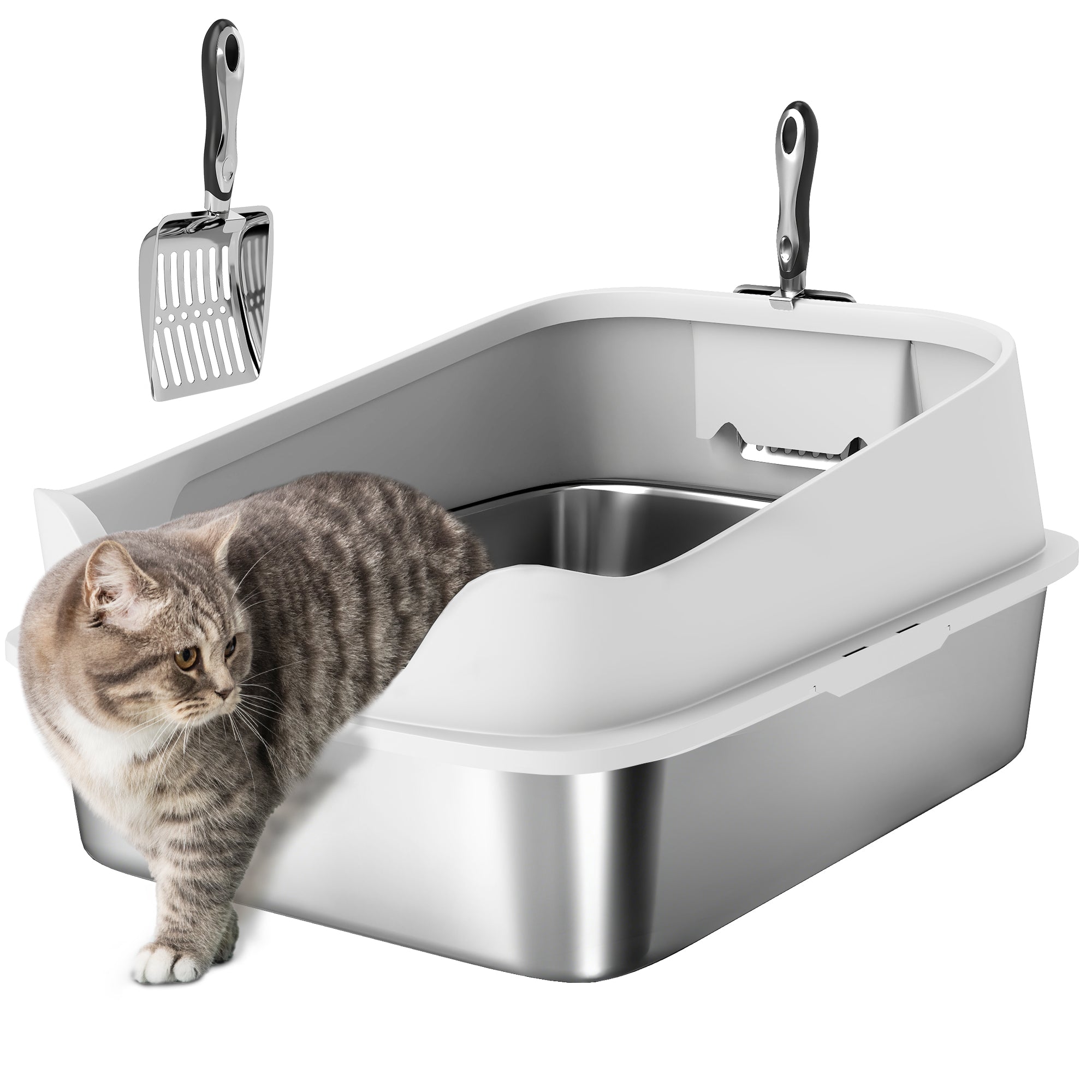 PawHut Edelstahl-Katzenklo (offen) – XXL mit hohem Rand und Schaufel, für große Katzen bis 7 kg | 60,2 x 40,2 x 29,7 cm (Grau)