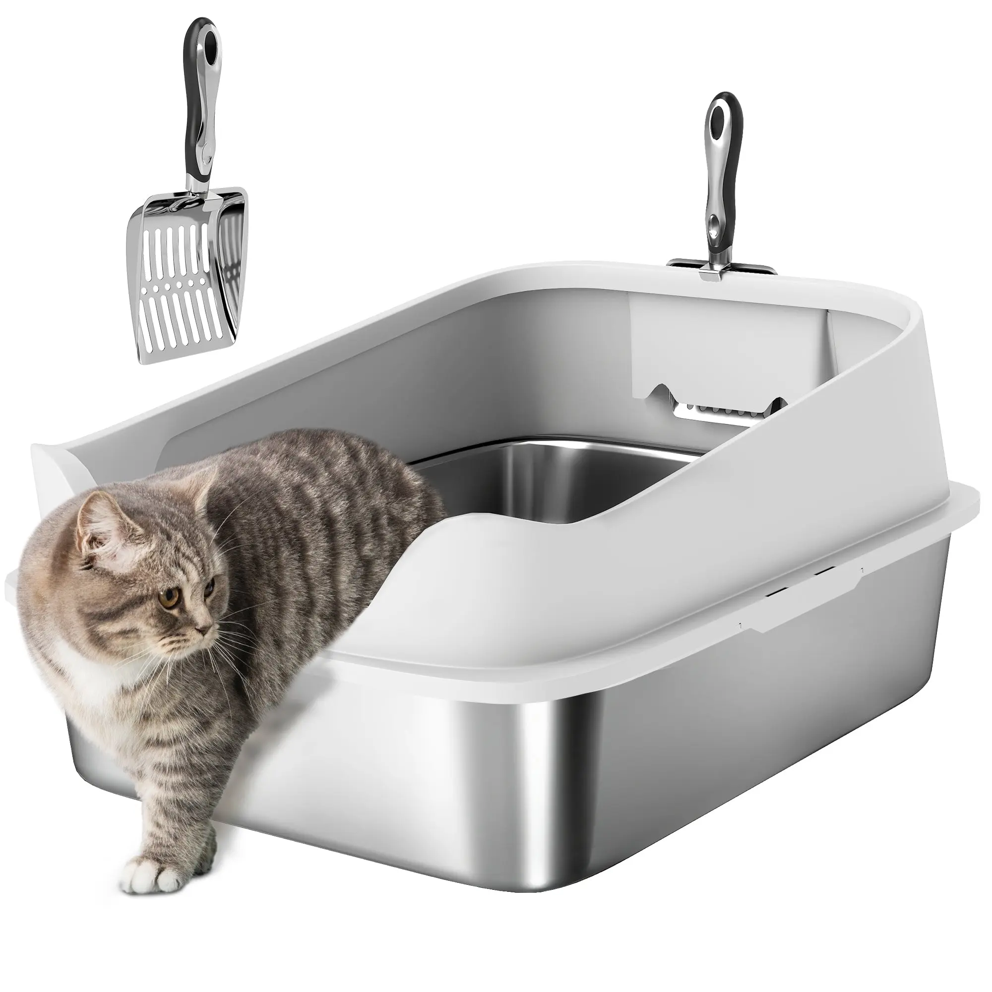 Stainless Steel Open Cat Litter Box – High-Rim XXL with Scoop for Large Cats up to 15.4 lb | 23.7 x 15.8 x 11.7 in (Gray)