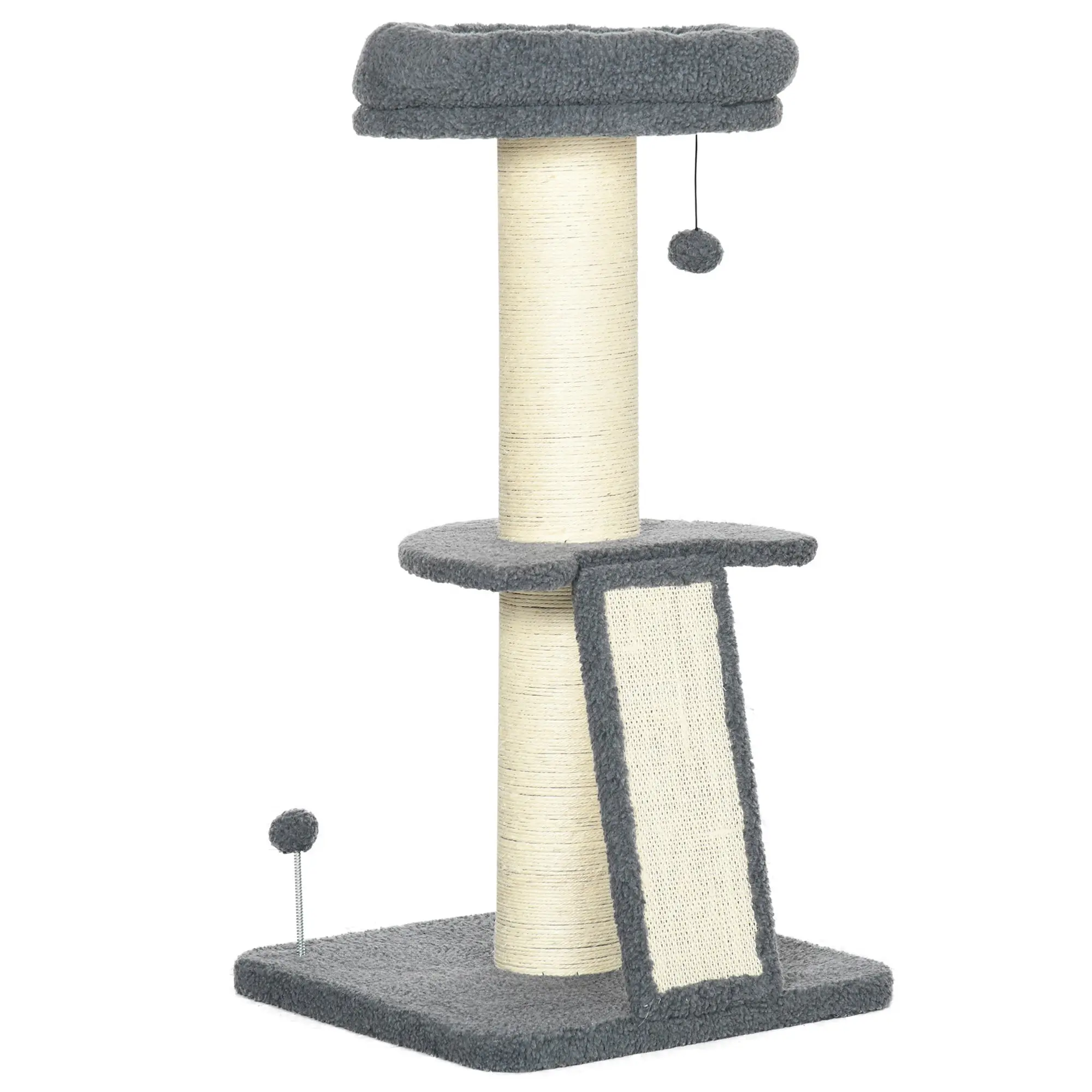 Cat Tree 92H cm Climbing Tree with Scratching Board and Playball Cat Toy Thick Sisal Column Cat Furniture with Ramp Faux Lambskin Dark Gray + Cream White