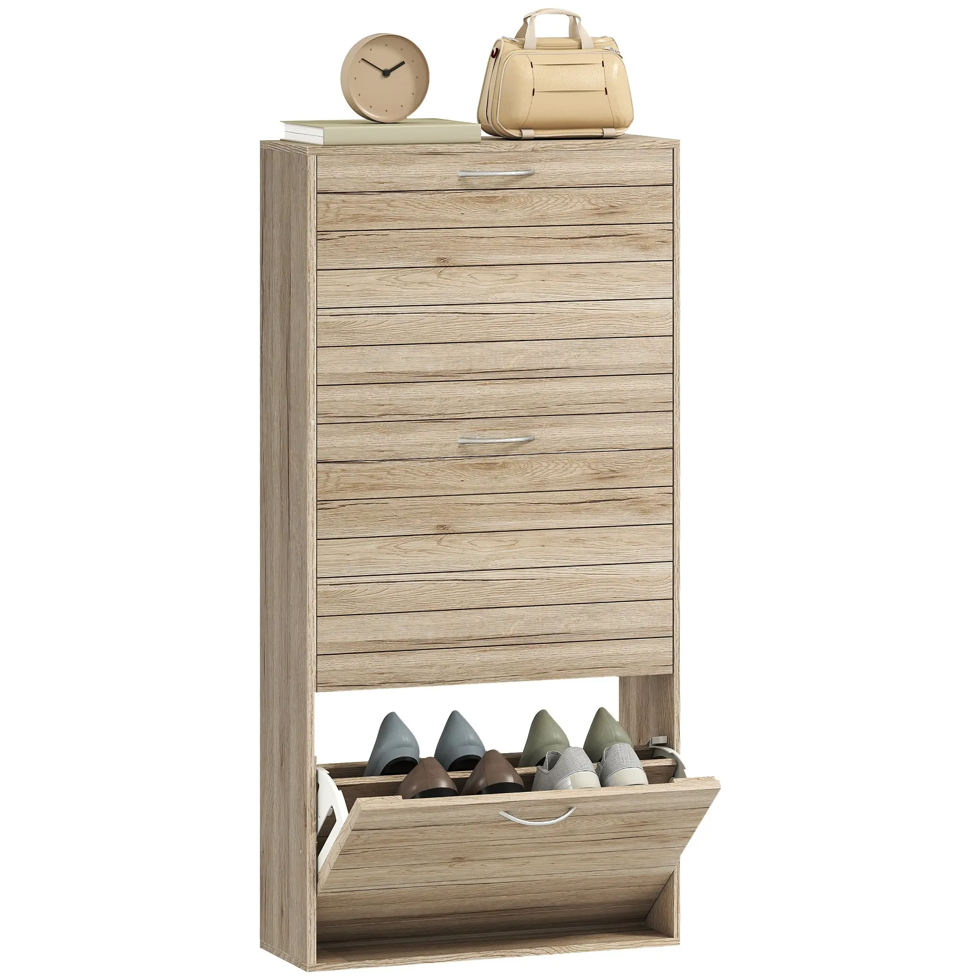 Narrow Shoe Cabinet with 3 Tilt-Out Doors, Entryway Hall Shoe Storage, Adjustable Shelves, Holds 12 Pairs, Oak