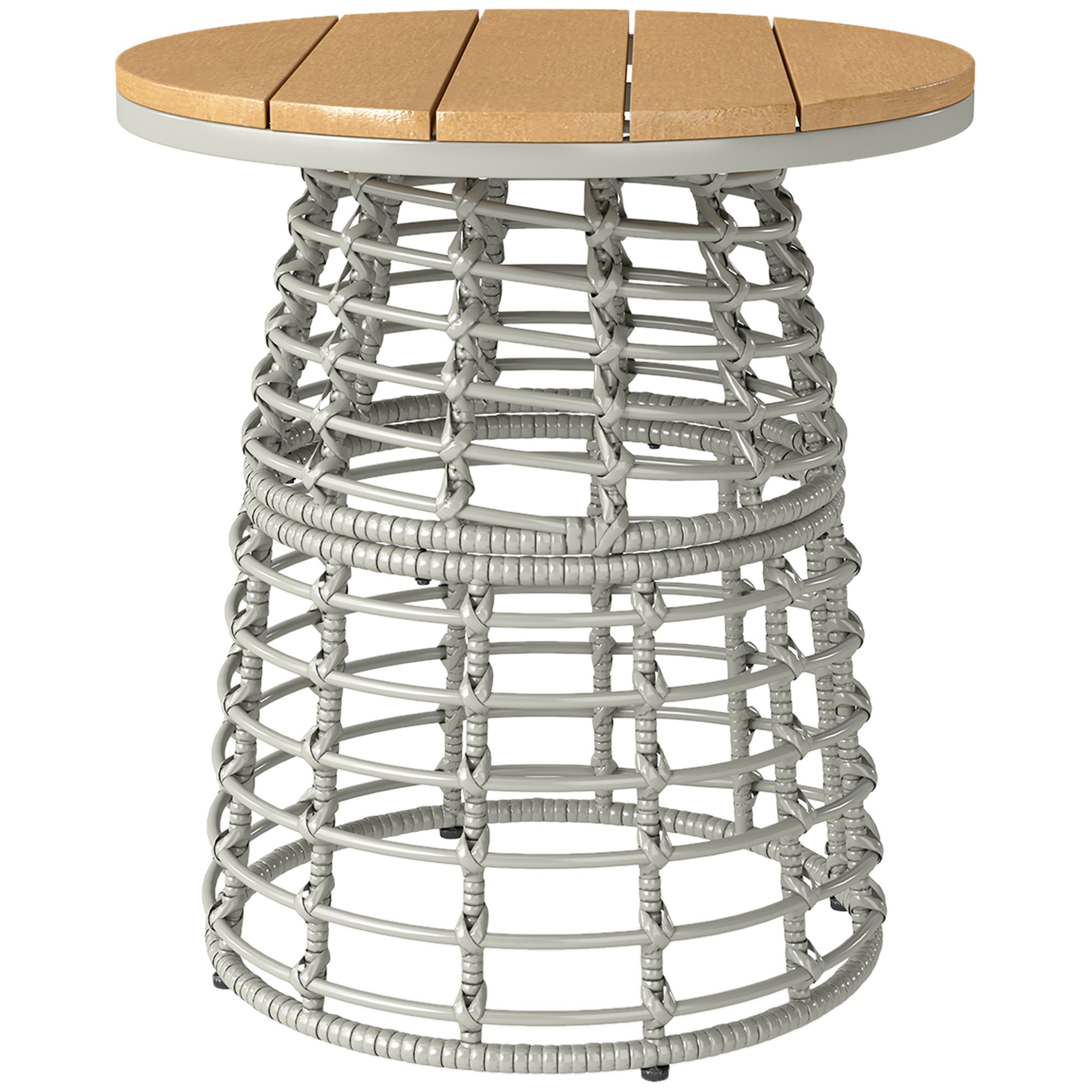 Outsunny Kerti Kávézó Asztal, Kerek Kültéri Melléktáblázat Műgyanta Rattan Hatású Fém és Kompozit Lappal, Ø 45 x 50 cm Szürke