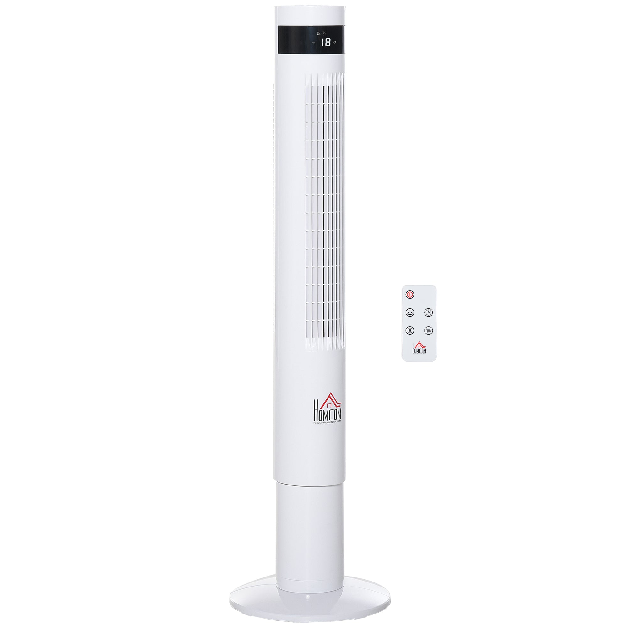 HOMCOM Tornituuletin, jalustatuuletin kolmesuuntaisilla tuuletusnopeuksilla, kaukosäätimellä, 50W tuuletin 12 tunnin ajastimella, LCD-näyttö, 85° kierto, makuuhuoneeseen, valkoinen
