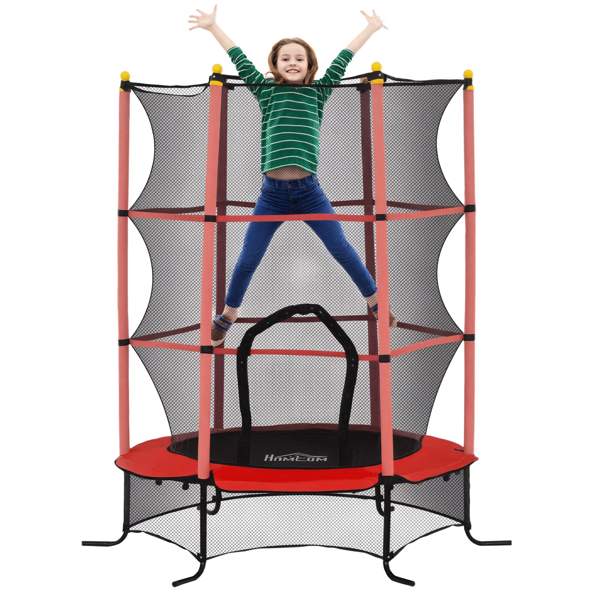 HOMCOM Dječji Trampolin Ø163 cm, Trampolin s Sigurnosnom Mrežom, Pokrovom Rubova, Vrtni Trampolin za Djecu 3-10 Godina, do 50 kg nosivosti, Crvena