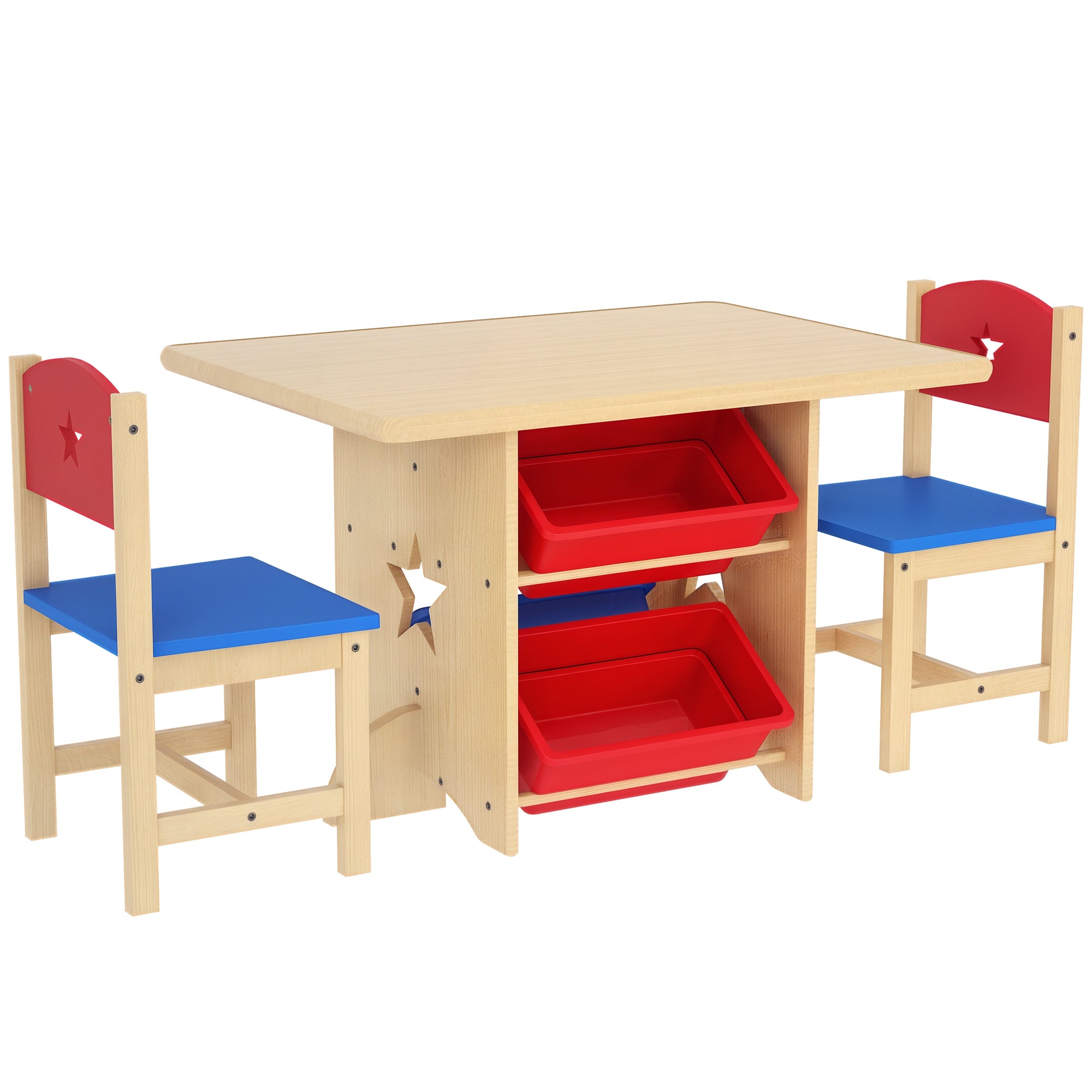 3-Piece Kids Table and Chairs Set Children's Table with 2 Chairs and 4 Storage Baskets Furniture Set for Kids Activities +3 Years for Playroom Natural