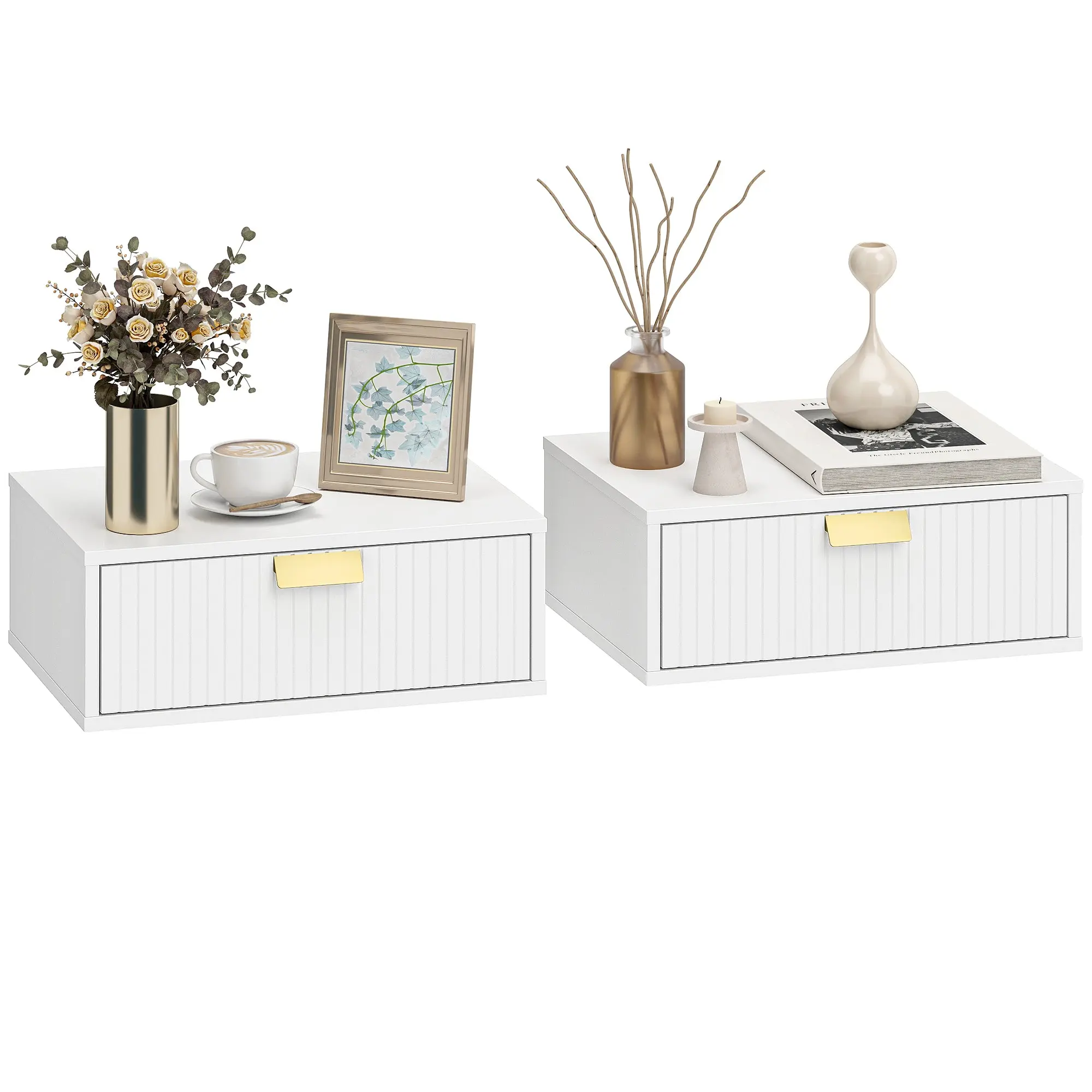 Set of 2 Wall-Mounted Floating Nightstands with Wavy Drawer, Modern White — 15.7" x 11.8" x 5.9" (40 x 30 x 15 cm)