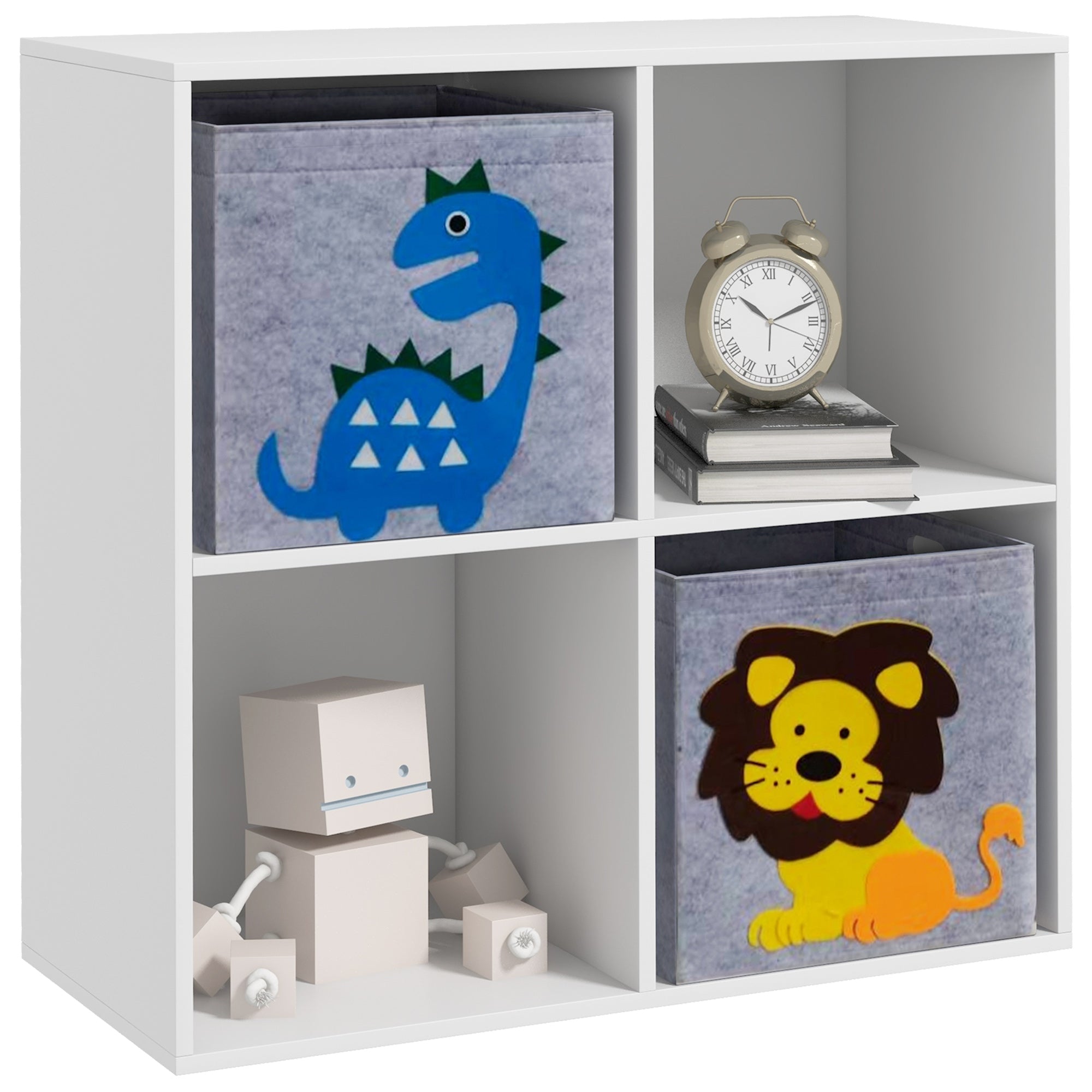 ZONEKIZ Children's Shelf Bookshelf with 2 Storage Boxes Children's Room Shelf Toy Shelf for Children's Room White+Grey 61.8 x 29.9 x 61.8 cm