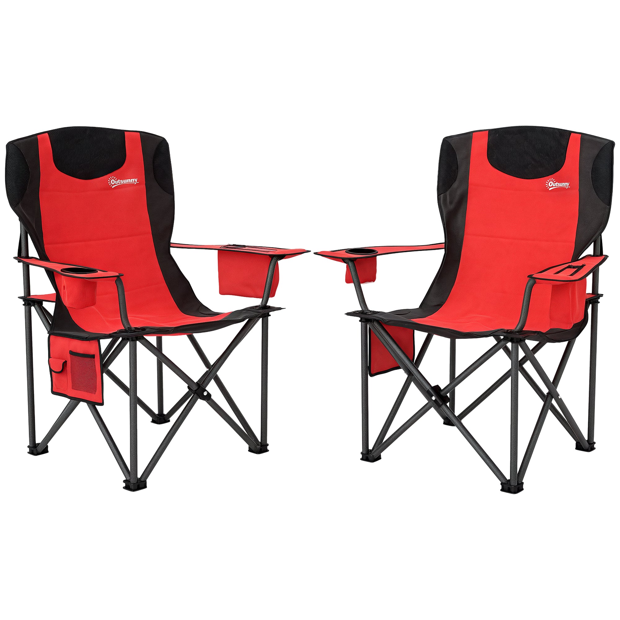 Outsunny Sæt med 2 Sammenklappelige Campingstole med Køletaske, Kopholder, Hovedstøtte og 2 Lommer, Havestole i Oxford Stof og Metal, Belastningskapacitet op til 120 kg, 94x62x100 cm, Rød