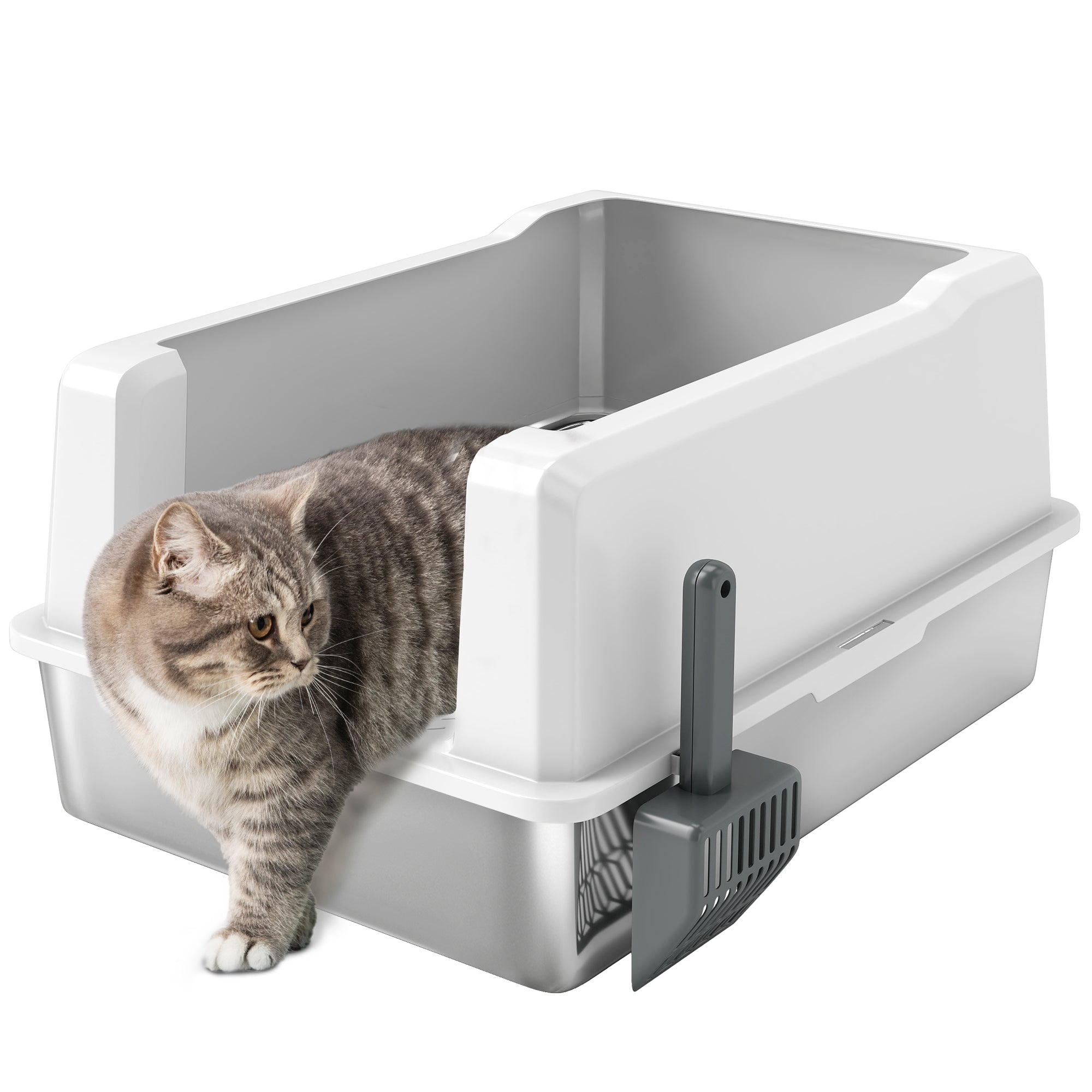 PawHut XXL Waasserdicht Katzenstreu Këschte, Kätzchen Toilette mat Héich Wänn, Edelstahl Tray an Schëffel, Kätzchen Këschte aus ABS, 71x50.8x35.5 cm, Weiss