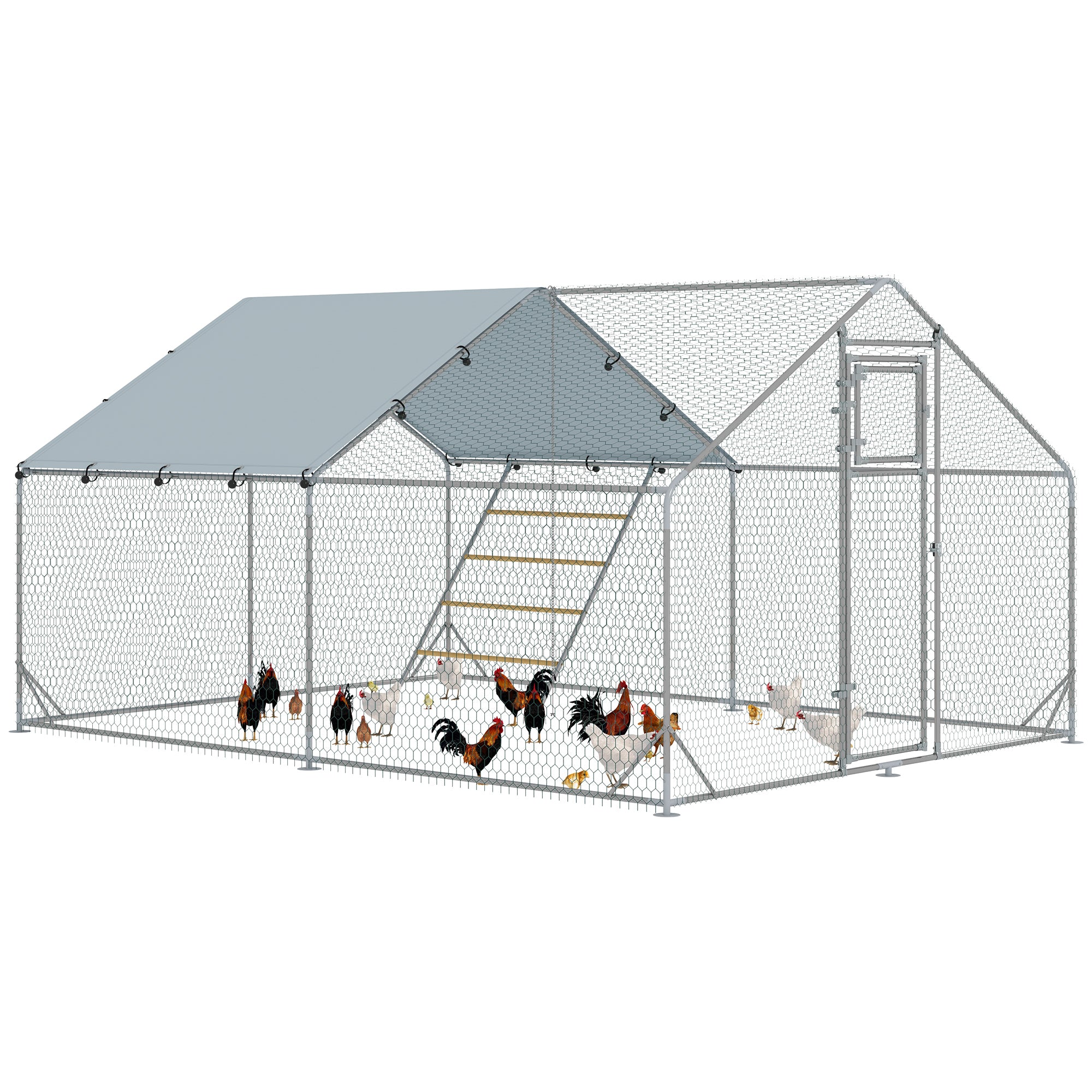 Chicken Run with Roof, Chicken House 12m² Steel Chicken Enclosure for 12–18 Chickens, UV & Waterproof 420D Cover, Feed Door, Hanging Feeder & Perches, 3 x 4 x 1.95 m, Silver