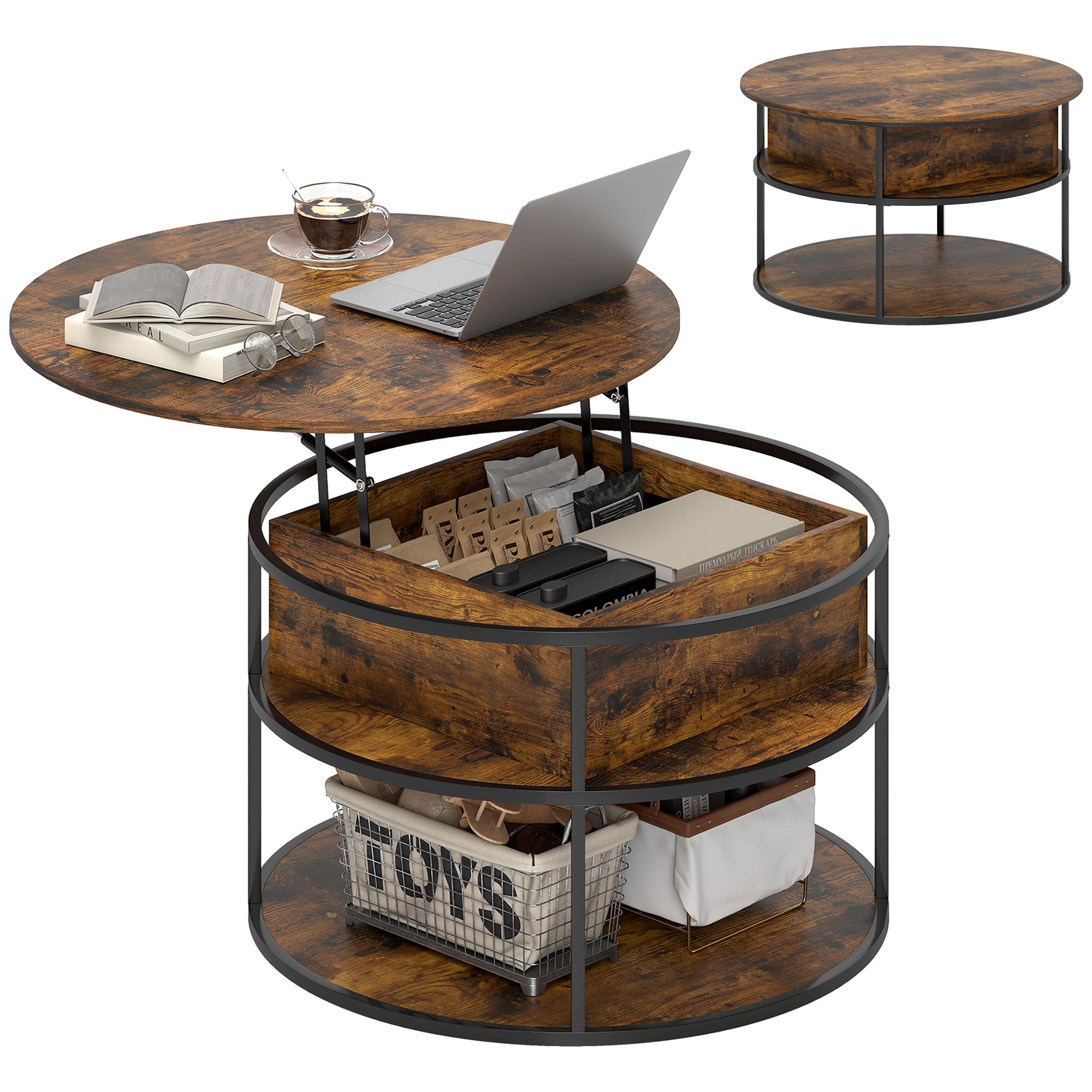 Round Coffee Table Height Adjustable ?80 cm Living Room Table with Shelf and Hidden Storage Coffee Table Side Table for Living Room, Brown