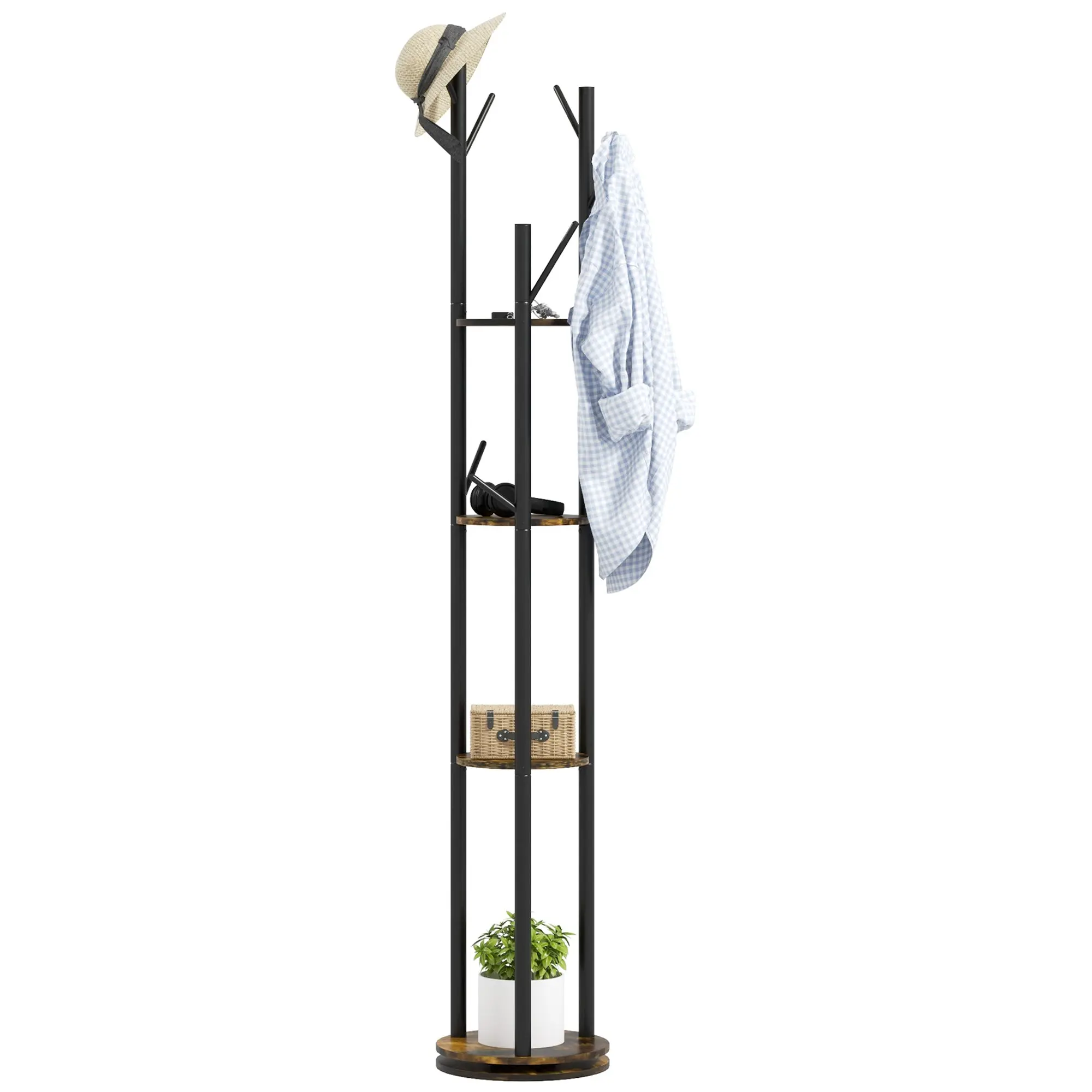 Rotating Freestanding Coat Rack with 8 Hooks and 4 Shelves, Industrial Coat Stand for Entryway and Bedroom, ?30x175cm, Rustic Brown