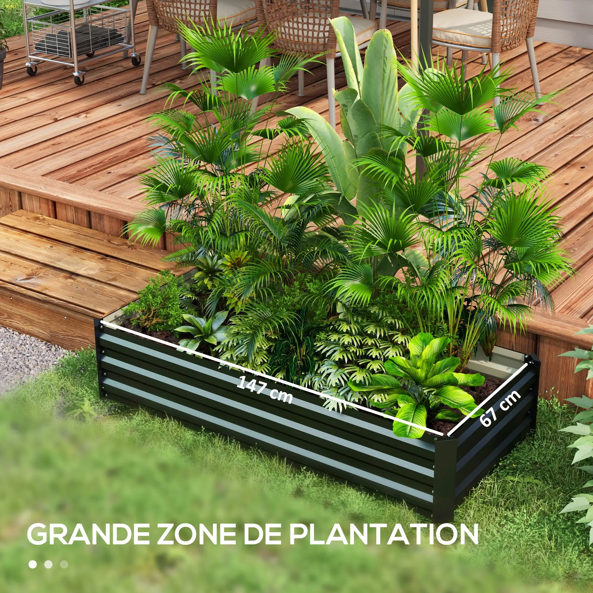 Rectangular Garden Planting Box made of Steel with Safety Edge and Open Bottom, Dimensions 150L x 70W x 30H cm, Black
