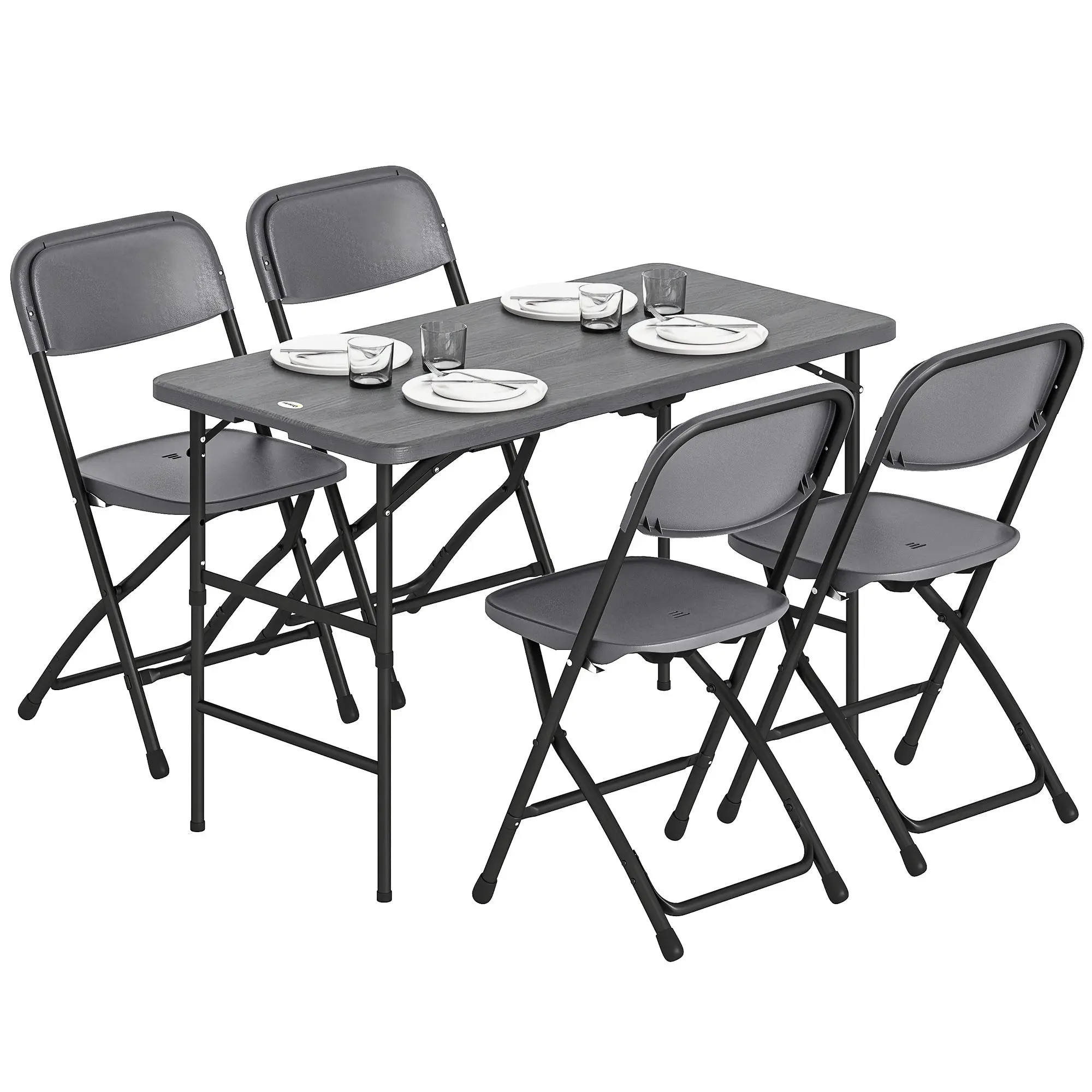 5-Piece Outdoor Garden Dining Set with Adjustable Folding Table (21.7–29.1 in), 4 Folding Chairs, HDPE Wood-Effect Top, Dark Gray