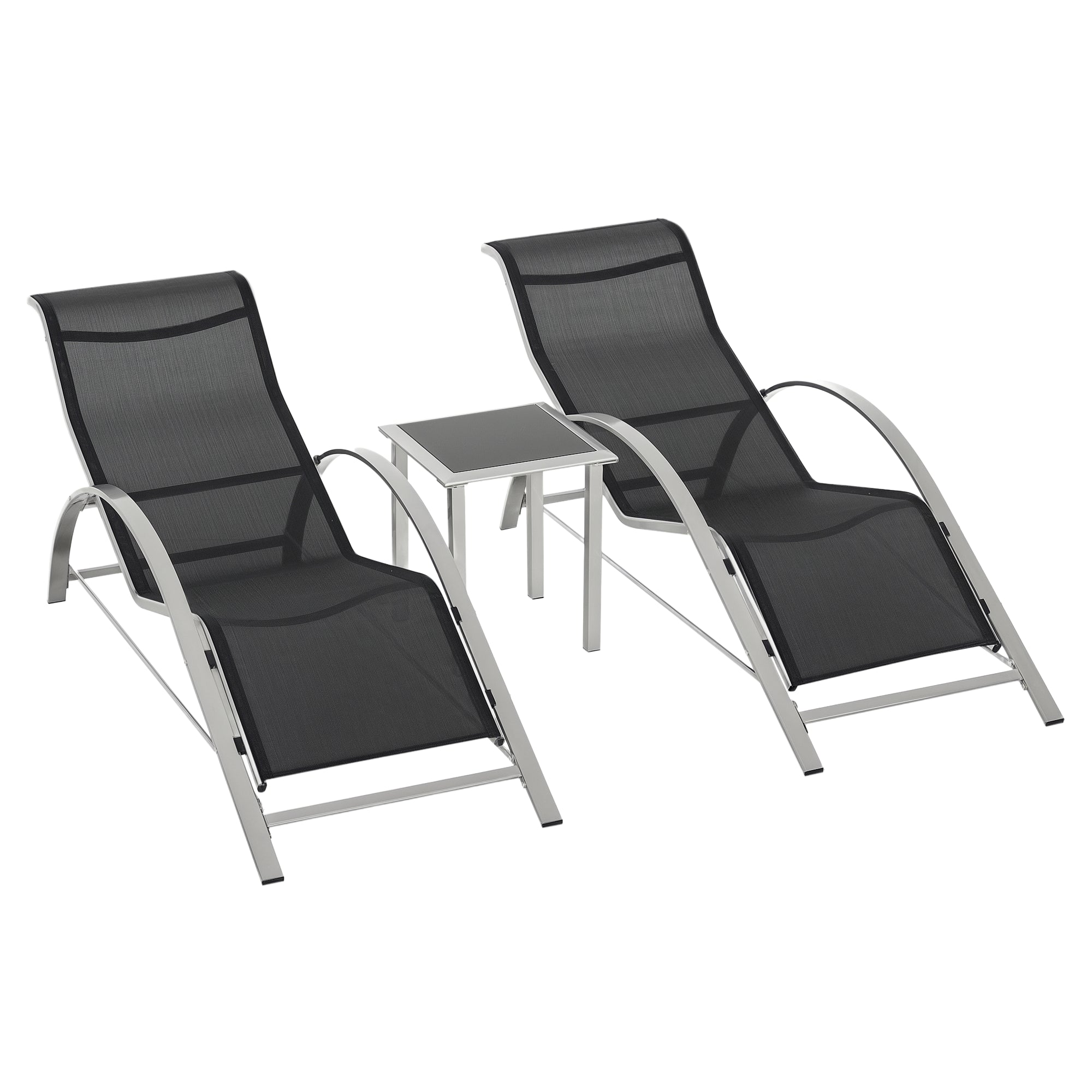 Garden Sun Lounger Set Metal Mesh 3-Piece Sun Lounger with Tea Table Garden Furniture Set with 2 Sun Loungers, 1 Side Table Patio Seating Group for Garden, Balcony 59W x 169D x 66H cm Black+Silver