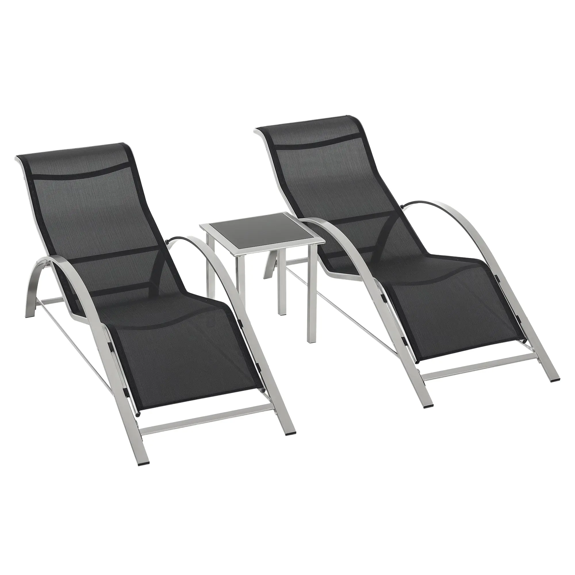 Garden Sun Lounger Set Metal Mesh 3-Piece Sun Lounger with Tea Table Garden Furniture Set with 2 Sun Loungers, 1 Side Table Patio Seating Group for Garden, Balcony 59W x 169D x 66H cm Black+Silver