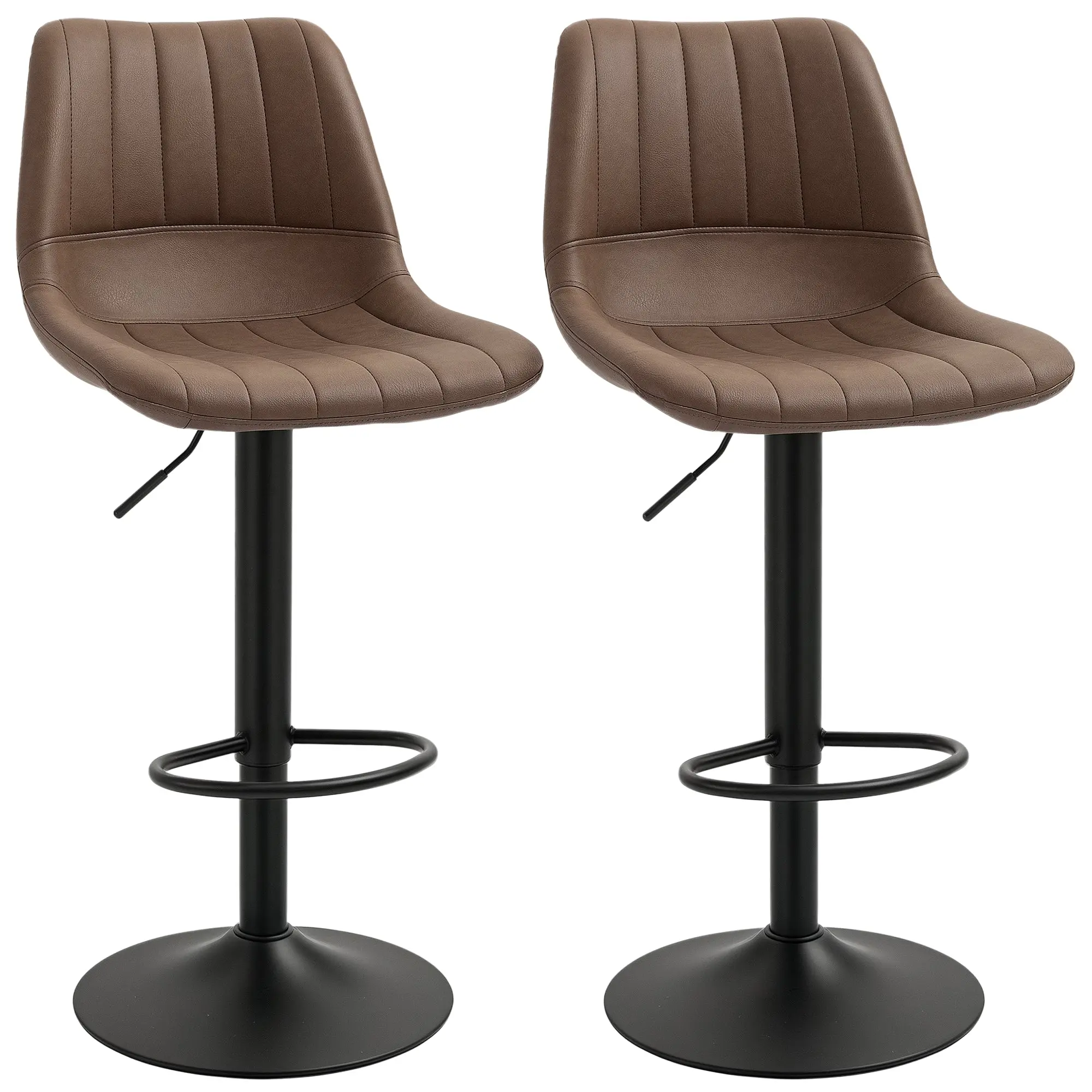 Bar Stool Set of 2, 360° Swivel Padded Bar Chair with Footrest, Backrest, Height Adjustable Faux Leather Counter Stool for Kitchen, Living Room, Dining Room Brown