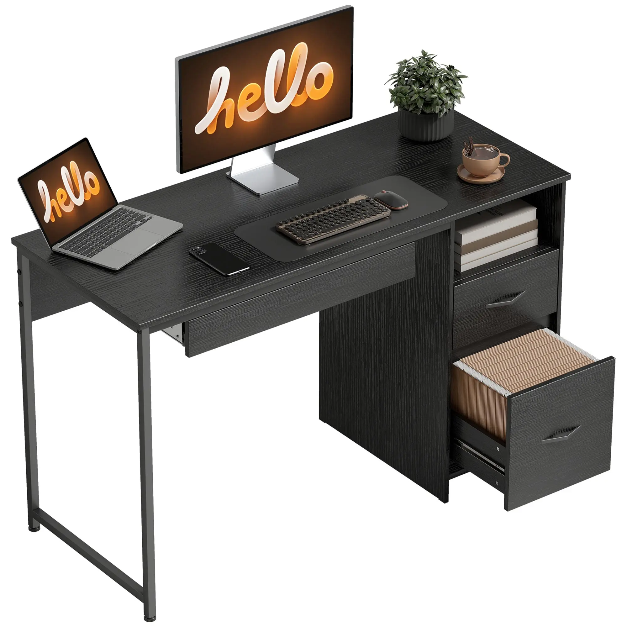 Space-Saving 47.2 in Office Desk with Slide-Out Keyboard Tray, Open Shelf & File Drawers for A4/Letter/Legal, Home/Study/Office, Black
