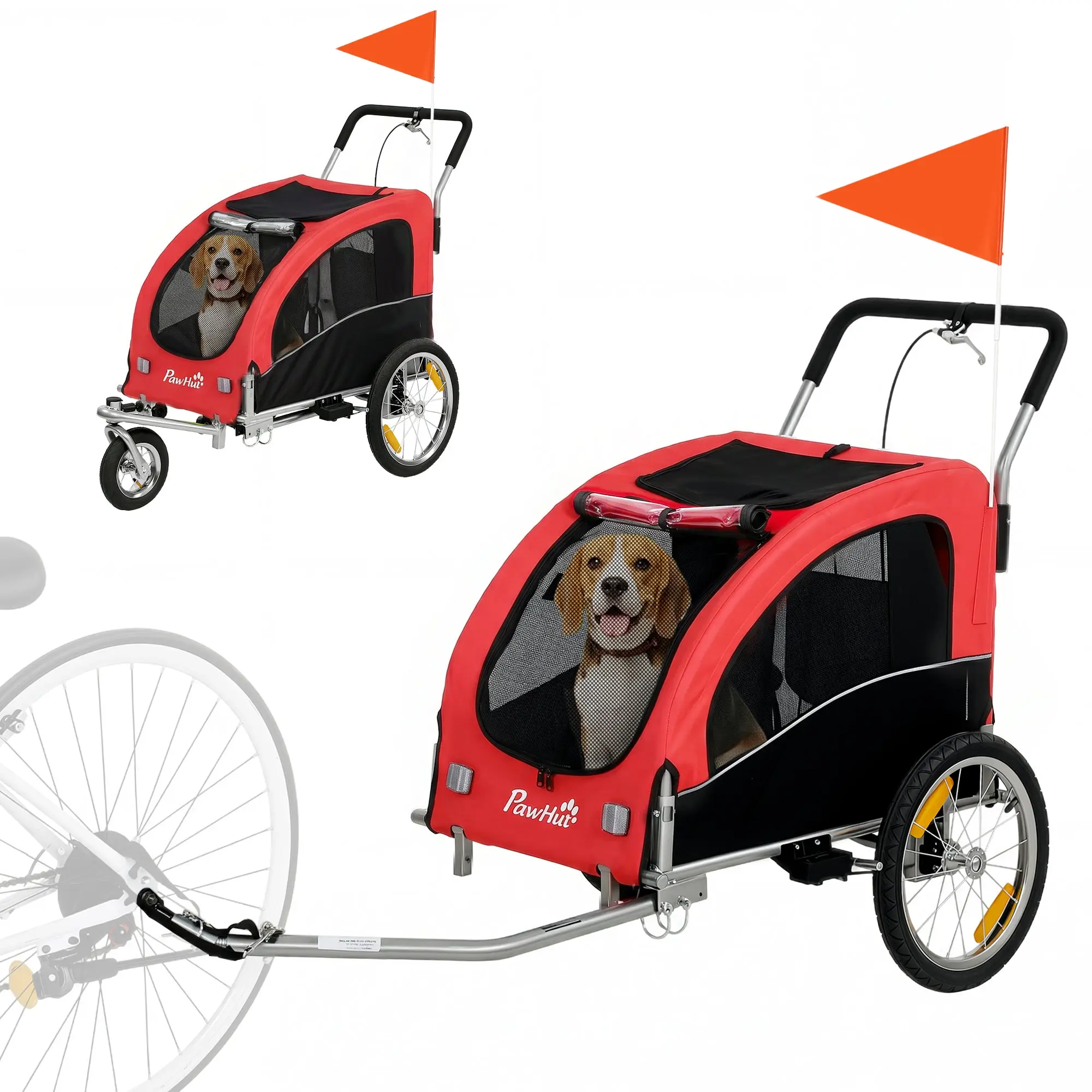 2-in-1 Dog Bike Trailer & Stroller for Medium Dogs with Suspension, Quick-Release Wheels, Reflectors, Large Mesh Windows, Hand Brake, Safety Flag — Red