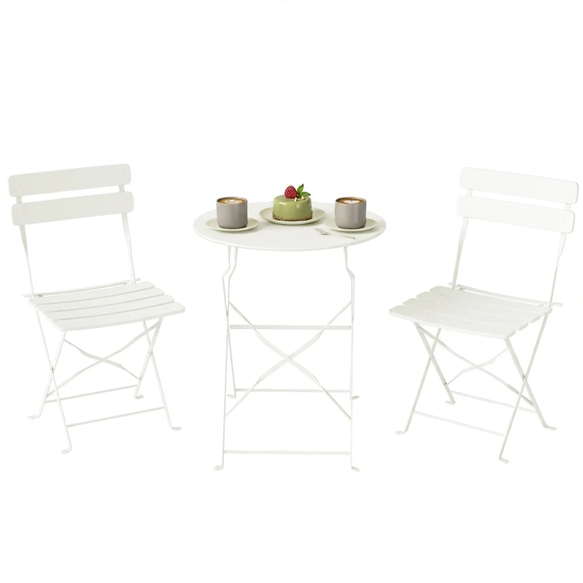 3-Piece Foldable Bistro Set — 2 Chairs & Round Table, Slatted Seats, Double X-Legs, Rust-Resistant — Cream White
