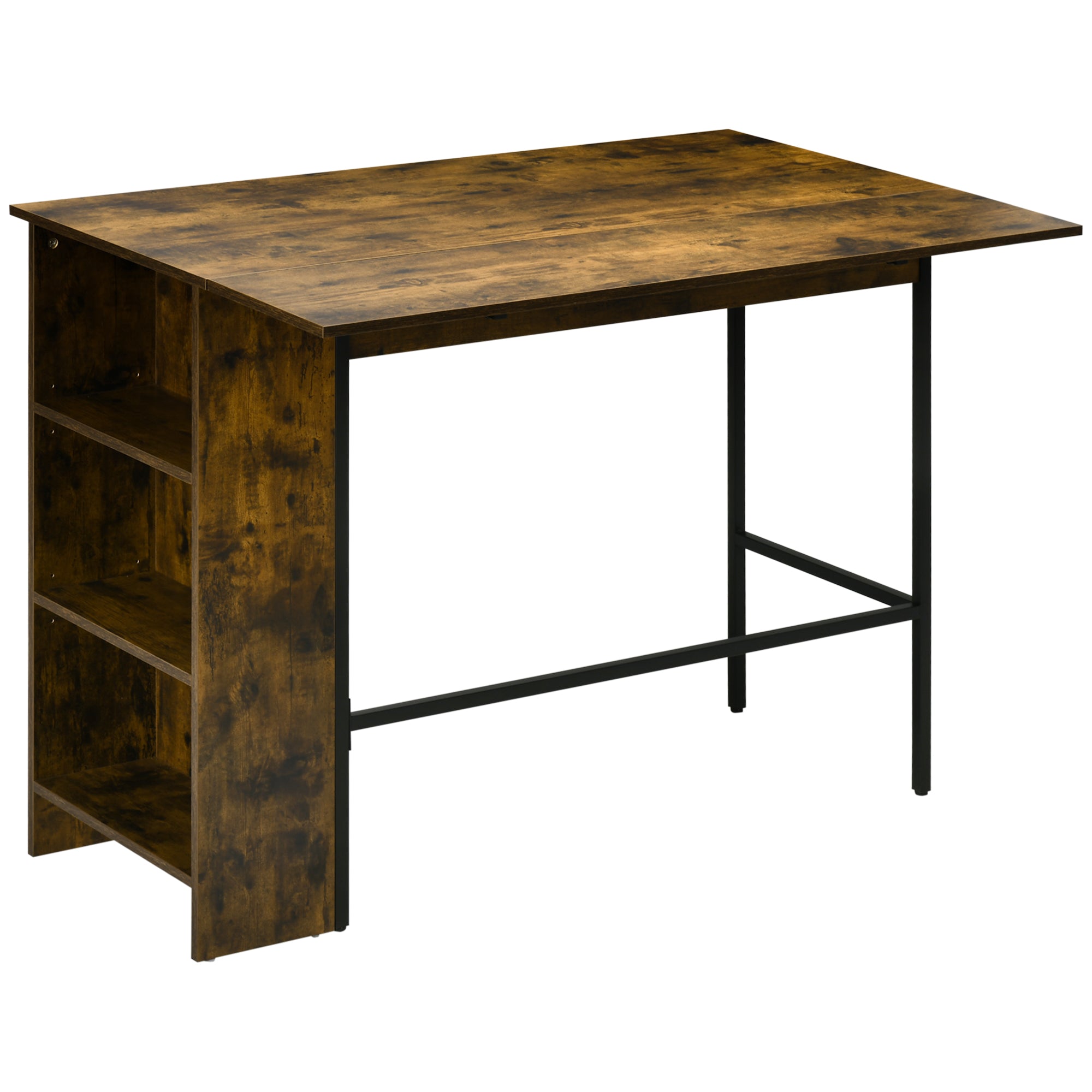 Table de Bar HOMCOM avec Rangement, Table de Bistro, Table Centrale Pliable avec Plateau et 3 Étagères - 120 x 76 x 91,4 cm Brun Rustique