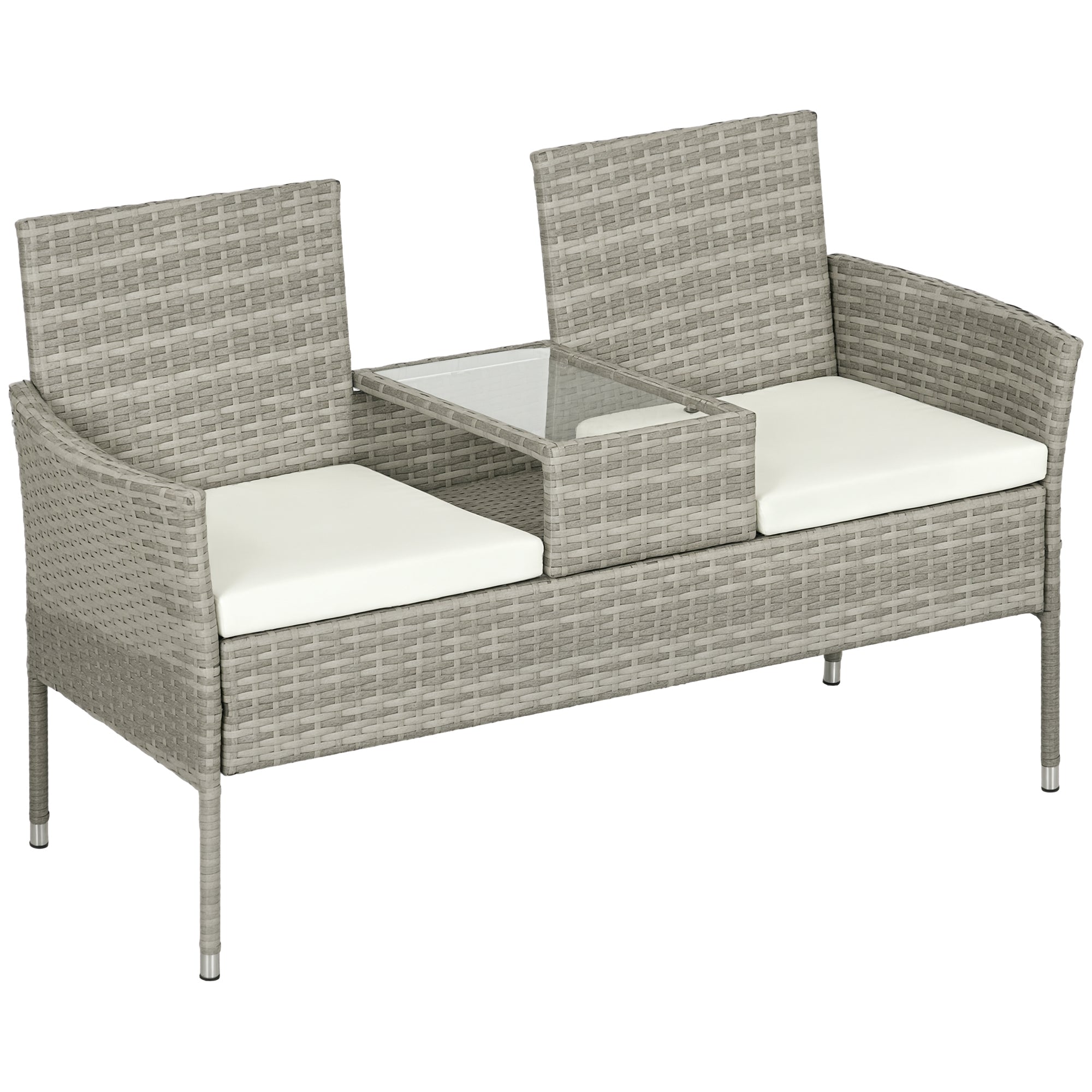 Outsunny Outdoorkpres 2 Sëtz mat Mënschtisch, Gartensofa aus Stol, PE Rattan an Polyester, 137x59x82 cm, Gräich an Créme