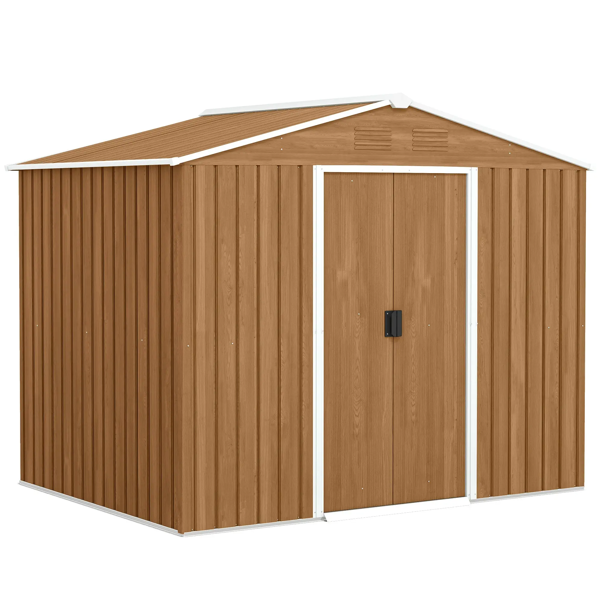 3.6 m² (39 sq ft) Galvanized Steel Garden Shed — Ventilated, Lockable Double Sliding Doors, Sloped Roof, Wood-Effect Brown