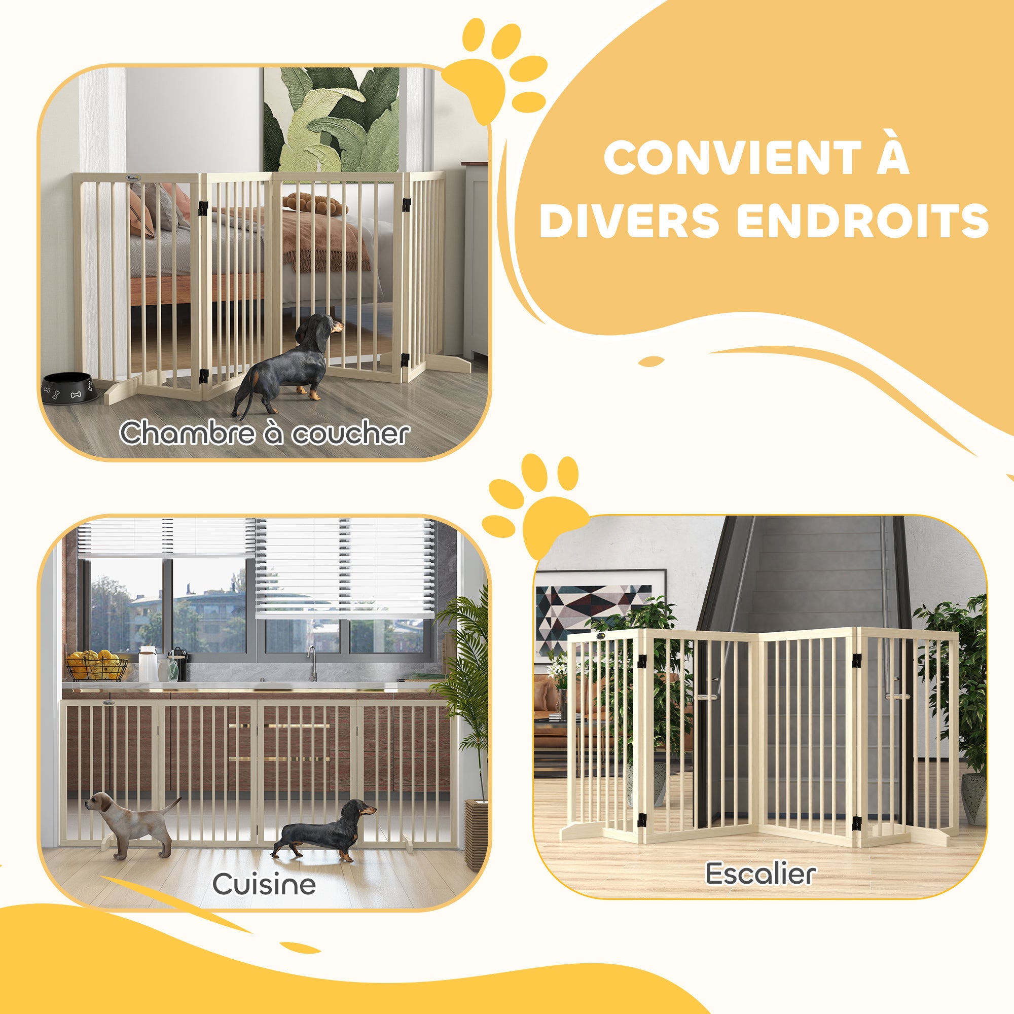 Dog Safety Barrier Modular Foldable 4-Panel Pet Fence in Wood with Support Feet - 206 x 35.5 x 76 cm Natural Wood