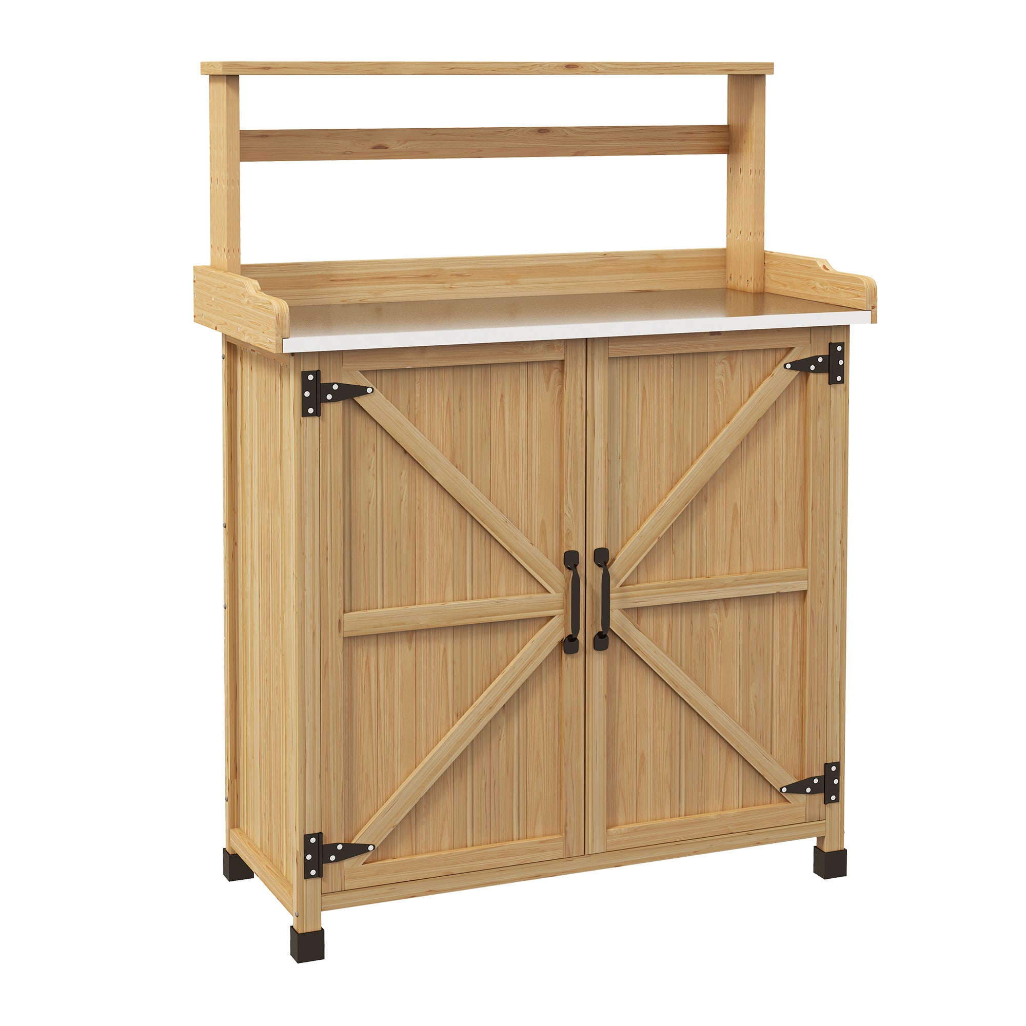 Outsunny Rustikal Stil Pflanzen Tisch Gärtentisch mat Schaf a Regaler, Galvaniséierte Aarbechtsfläch mat Rutschsicheren Gummi Fësch, 90.5L x 41W x 124.5H cm Giel