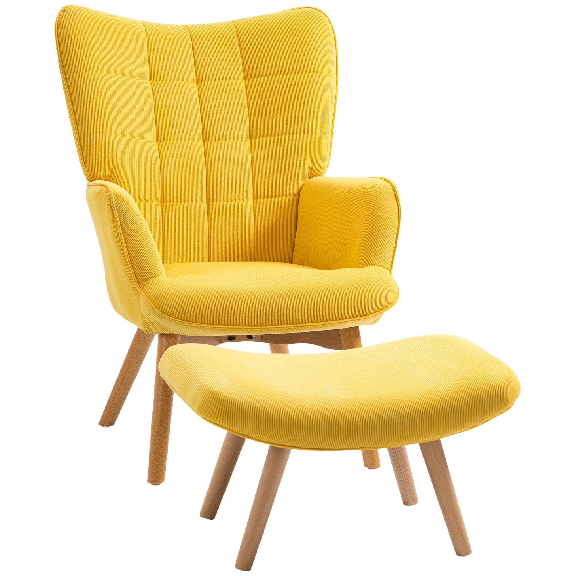 Armchair with Ottoman Set, Wingback Lounge Chair with High Backrest, Tufted Corduroy Fabric, Solid Beech Wood Legs, Adjustable Floor Glides, Comfortable Lounge Set for Living Room, Yellow