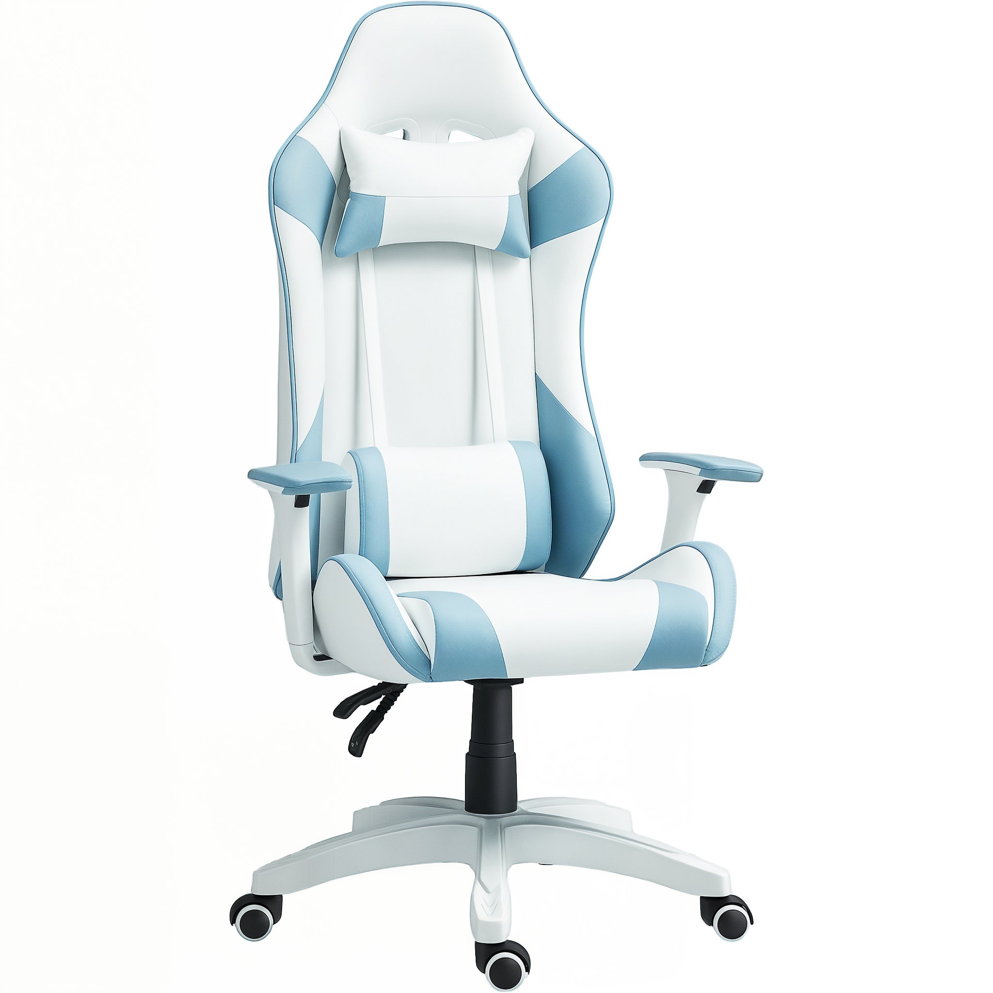 HOMCOM Reclining Gaming Chair - Draaistoel voor Gamers met Lendensteun, 3D Armsteunen, Afneembare Hoofdsteun en Verstelbare Hoogte - Wit en Blauw