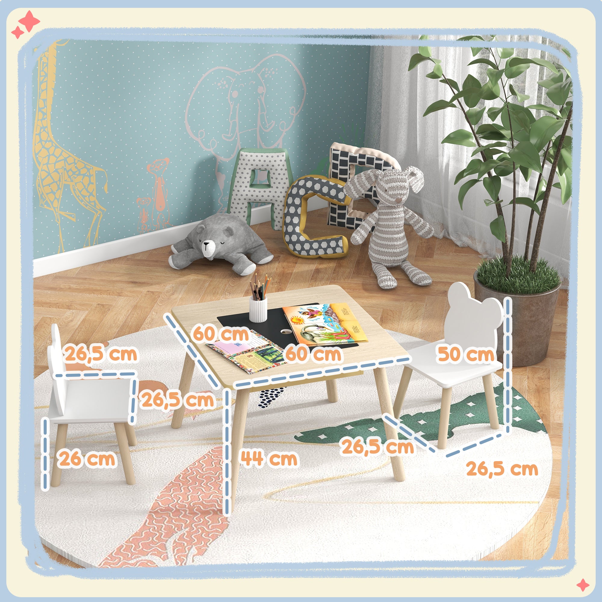 3-Piece Kids Table and 2 Chair Set with Reversible Top, Storage Space, Natural Wood