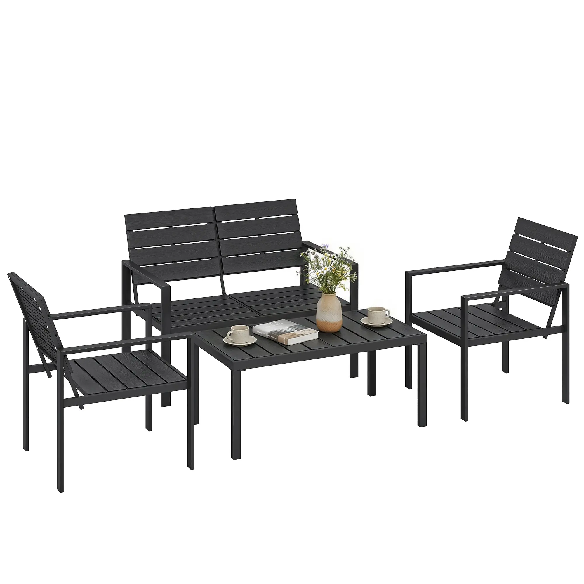 4-Piece Outdoor Garden Sofa Set with 2-Seat Loveseat, 2 Chairs & Coffee Table, Black