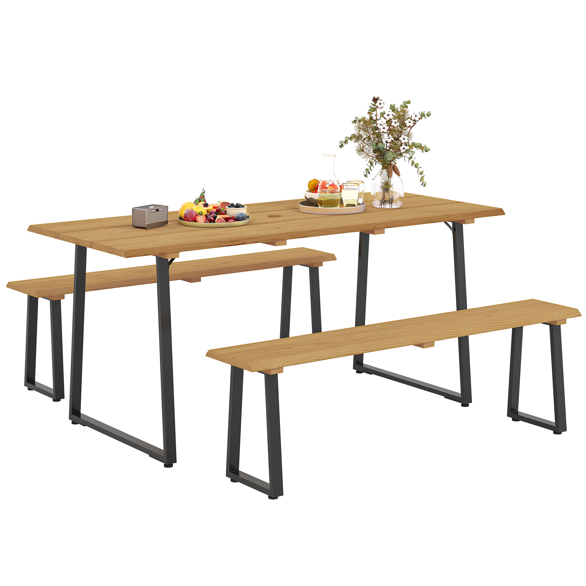 Outsunny 3-delige Houten Eetgroep voor 6 Personen - Eettafel met 2 Banken en Parasolgat - Tuinmeubelset voor Balkon en Terras