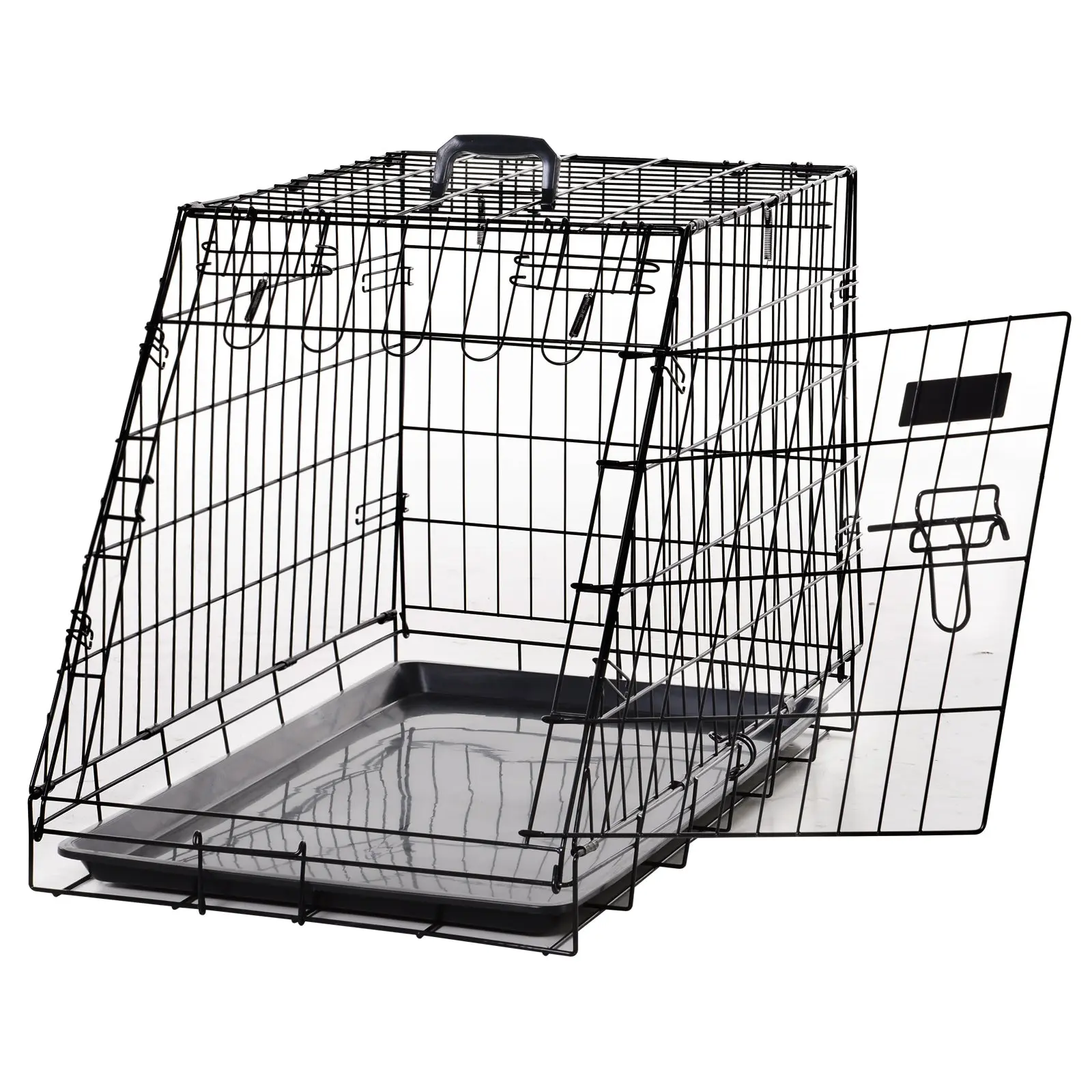 Dog Transport Cage, Foldable Metal Dog Crate for Car Travel, Portable Wire Pet Carrier with Double Locking Door & Removable Tray, Small Medium Dogs, 77 x 47 x 55 cm, Black