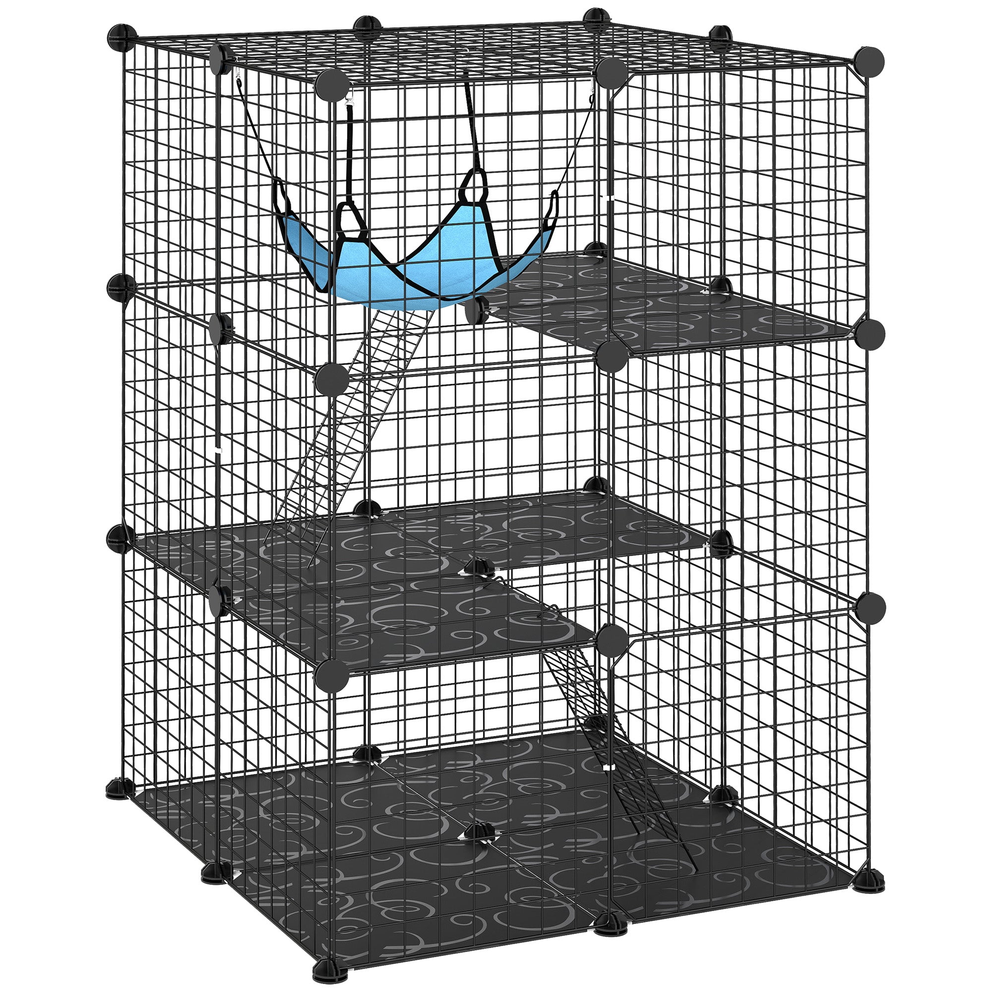 41.3" Indoor Cat Enclosure, Steel Playpen with 3 Doors, Customizable 3-Level DIY Kit with Ladder, Hammock & Platforms, Black