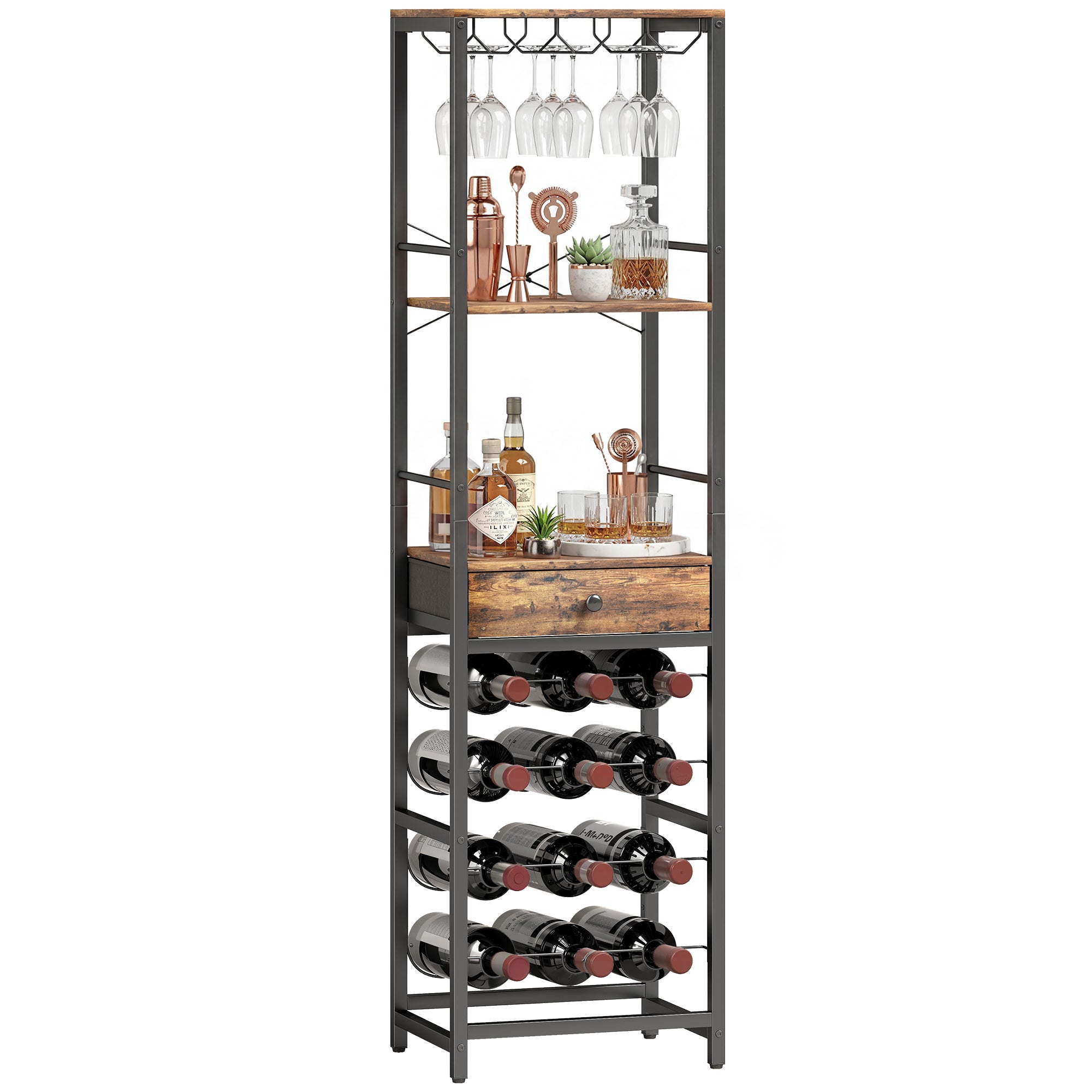 HOMCOM Weinregal für 12 Flaschen mit offenem Fach und Schublade, industriell, 40 x 30 x 148 cm, Rustikalbraun