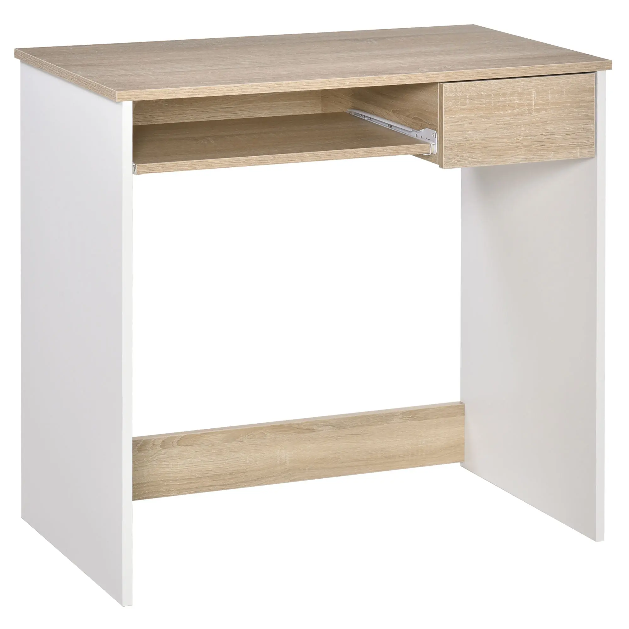Desk for Bedroom, Wood PC Desk, Computer Desk with Keyboard Shelf, Oak and White