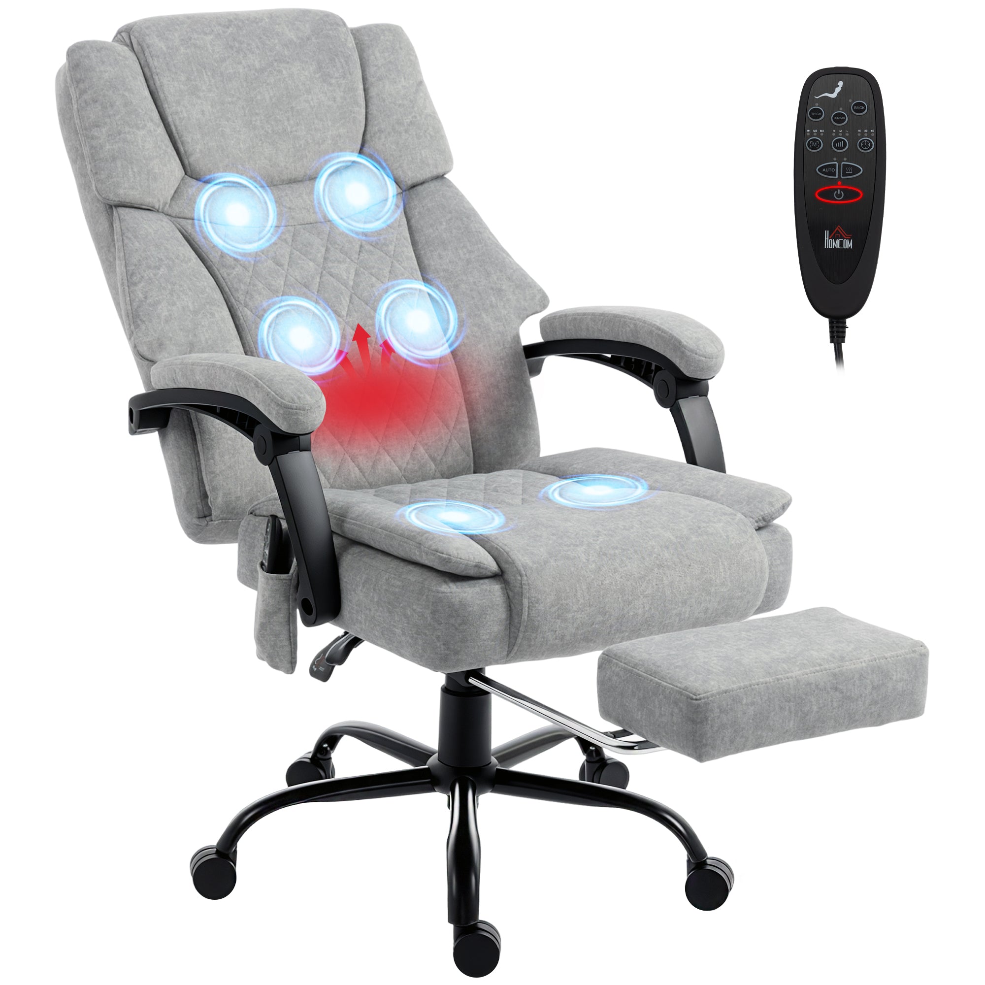 Office Chair with Massage — Ergonomic Reclining & Heated Executive Chair with Wide Seat, Velvet-Look Fabric, Height Adjustable, Remote Control, Gray