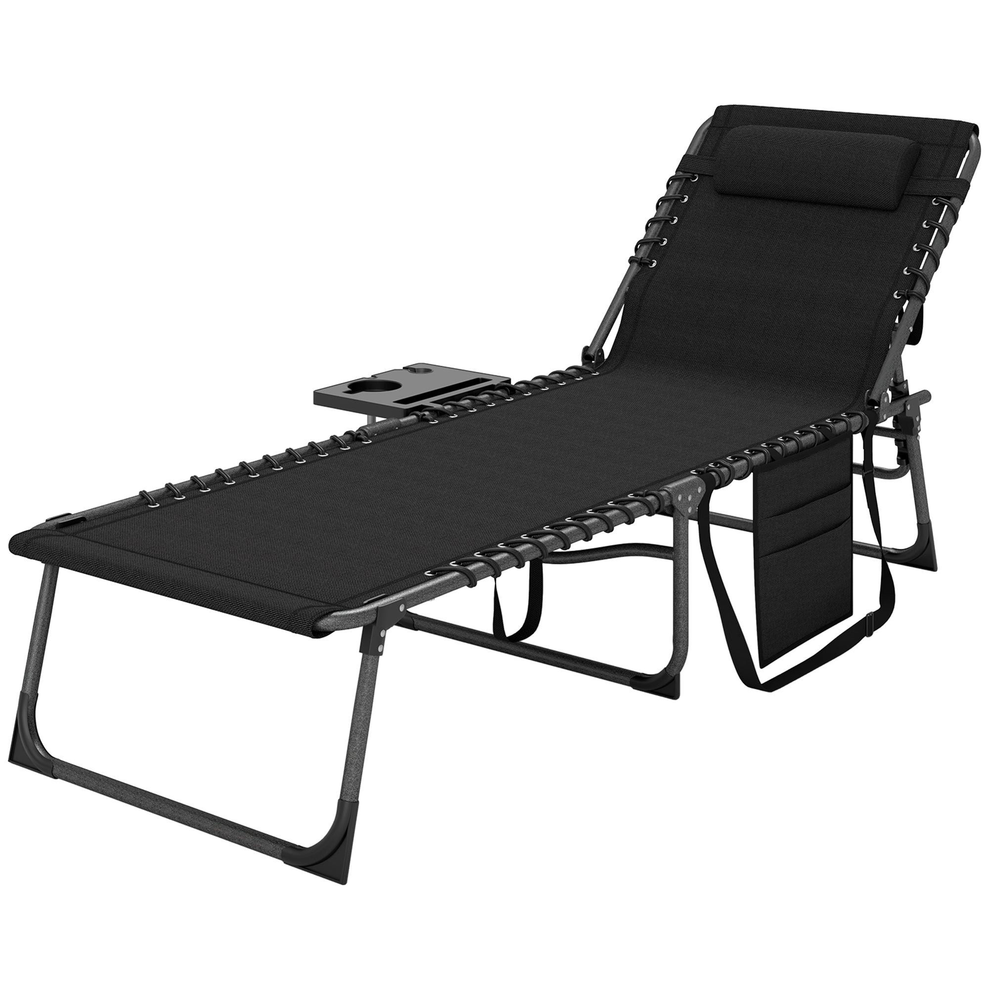 Folding sun lounger chair with tray, headrest, side pocket, reclining Oxford 600D sun lounger, outdoor garden sun lounger for camping pool terrace 60x190x31cm black