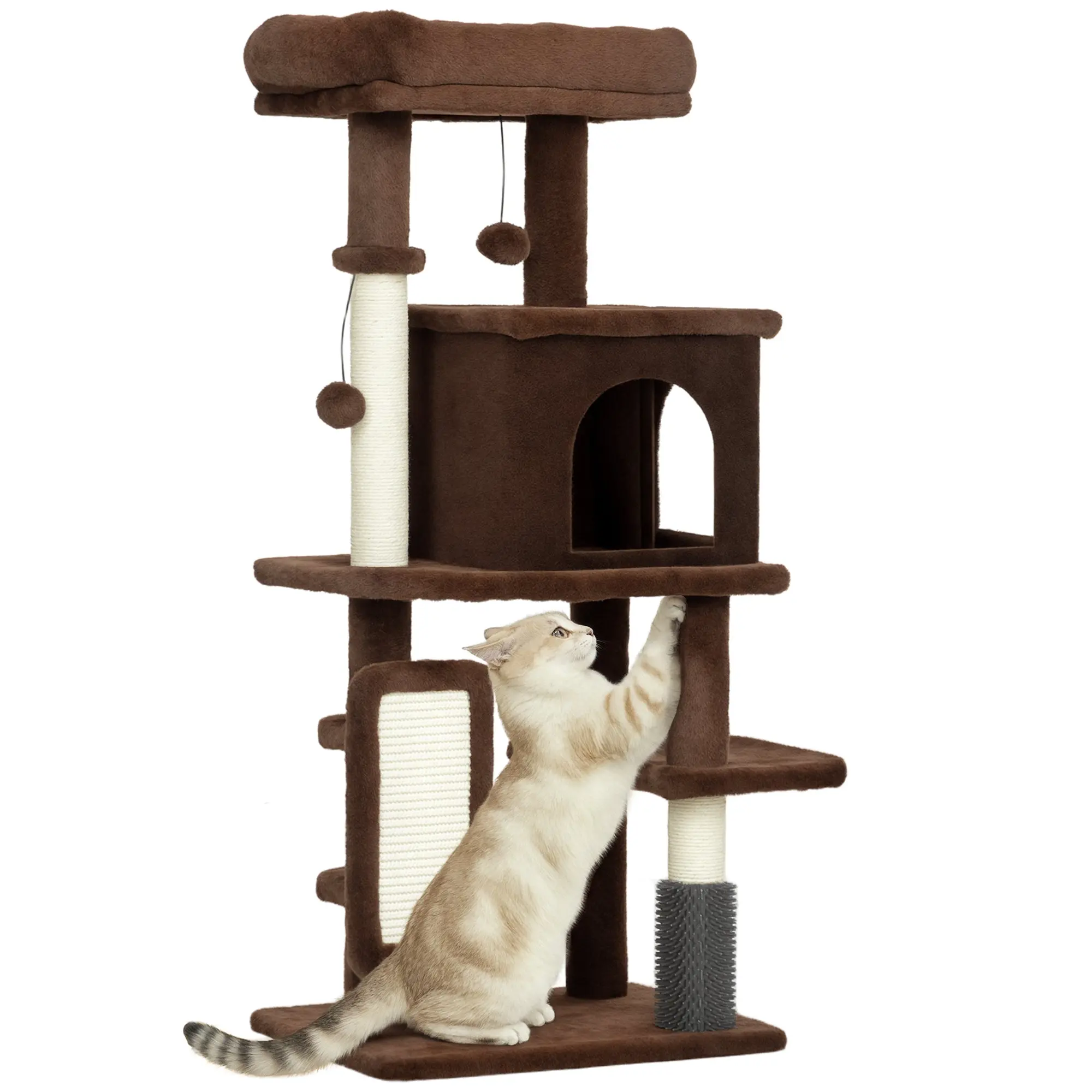 Cat Scratching Tree Height 104 cm Cat Tree Cat Tower with Platforms Scratching Post with Brush Hanging Balls and Scratching Pad Brown