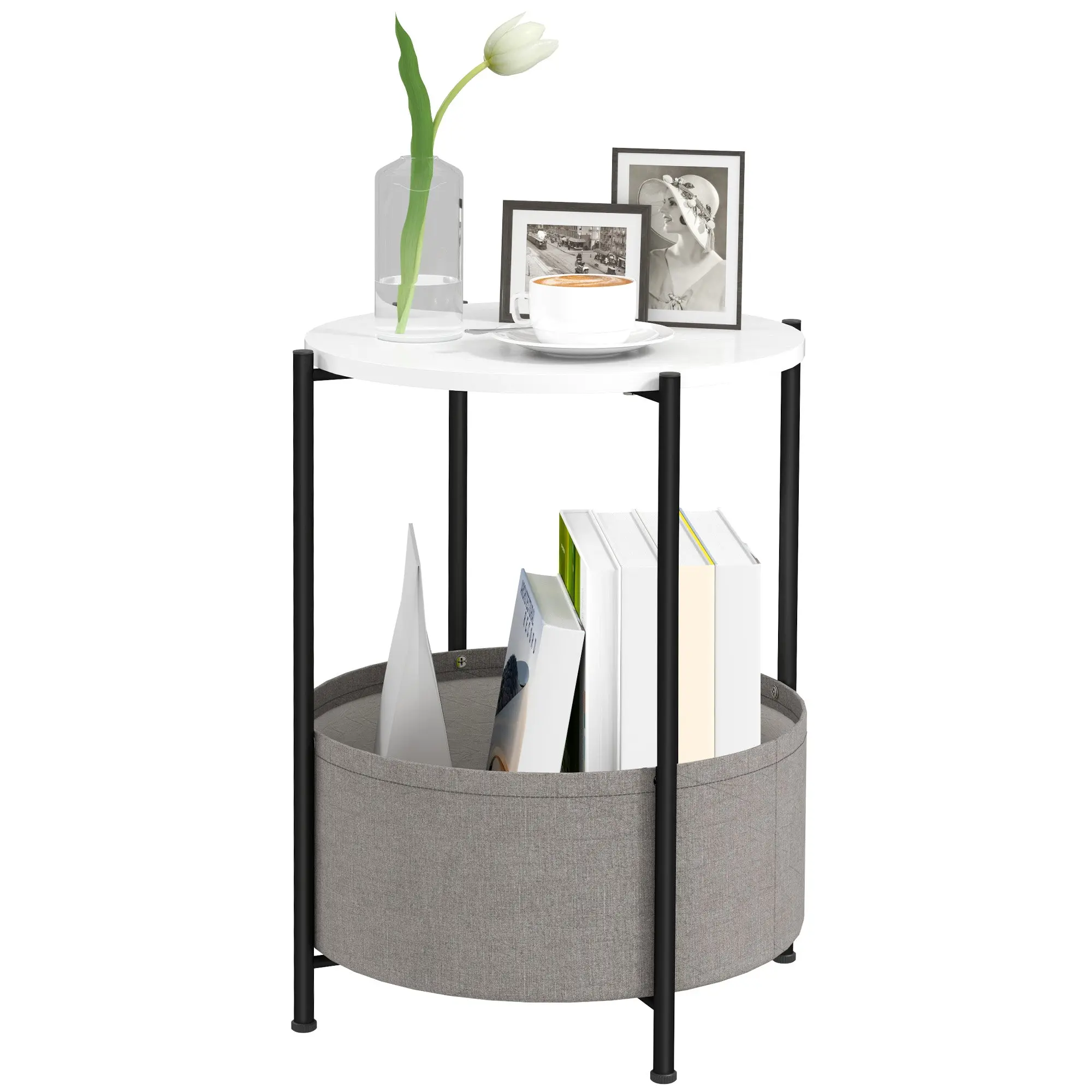 Side Table Round Bedside Table with Shelf and Fabric Basket, Steel Coffee Table for Living Room Bedroom 44 x 44 x 56 cm Gray+White