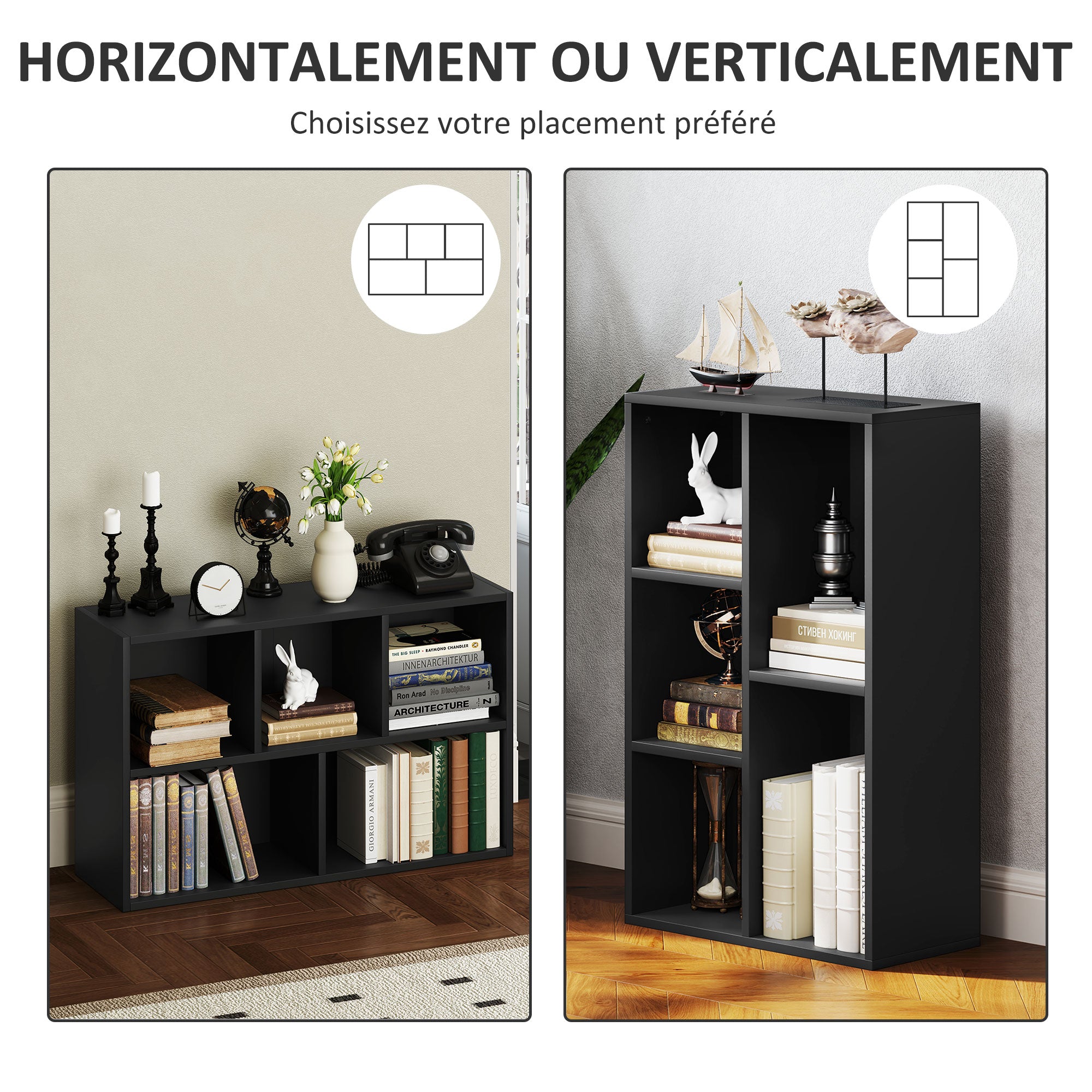 HOMCOM Bücherregal, 2-stufiges Regal mit 5 Fächern, für Wohnzimmer, Schlafzimmer, Büro, 50 x 24 x 80 cm, Schwarz