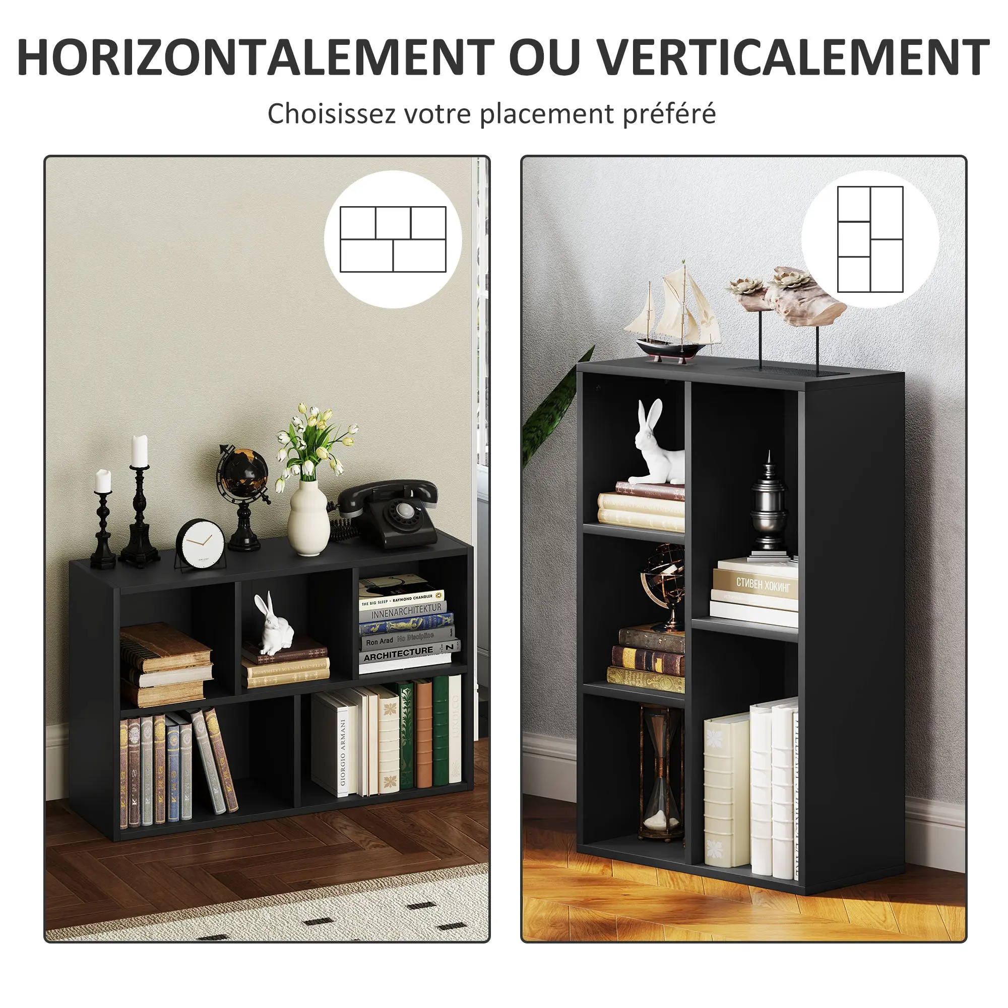 Bookshelf, 2-Tier Storage Shelf with 5 Compartments, for Living Room, Bedroom, Office, 50 x 24 x 80 cm, Black