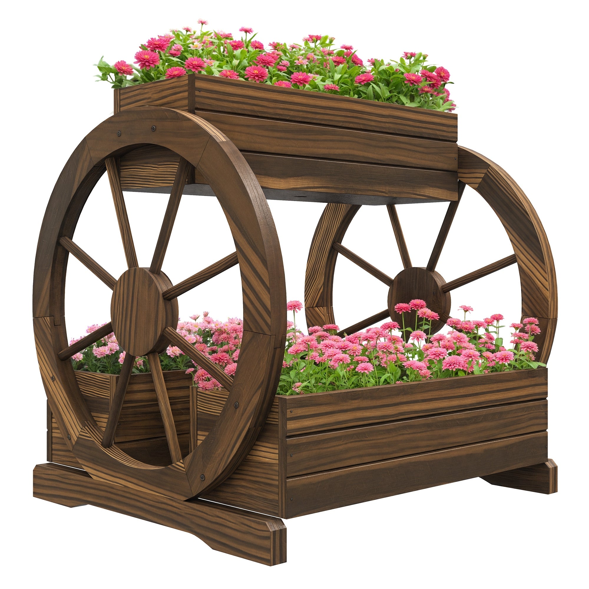 2-Tier Outdoor Wooden Planter with 3 Pots and Cart Wheels Country Style, 64x54x60cm