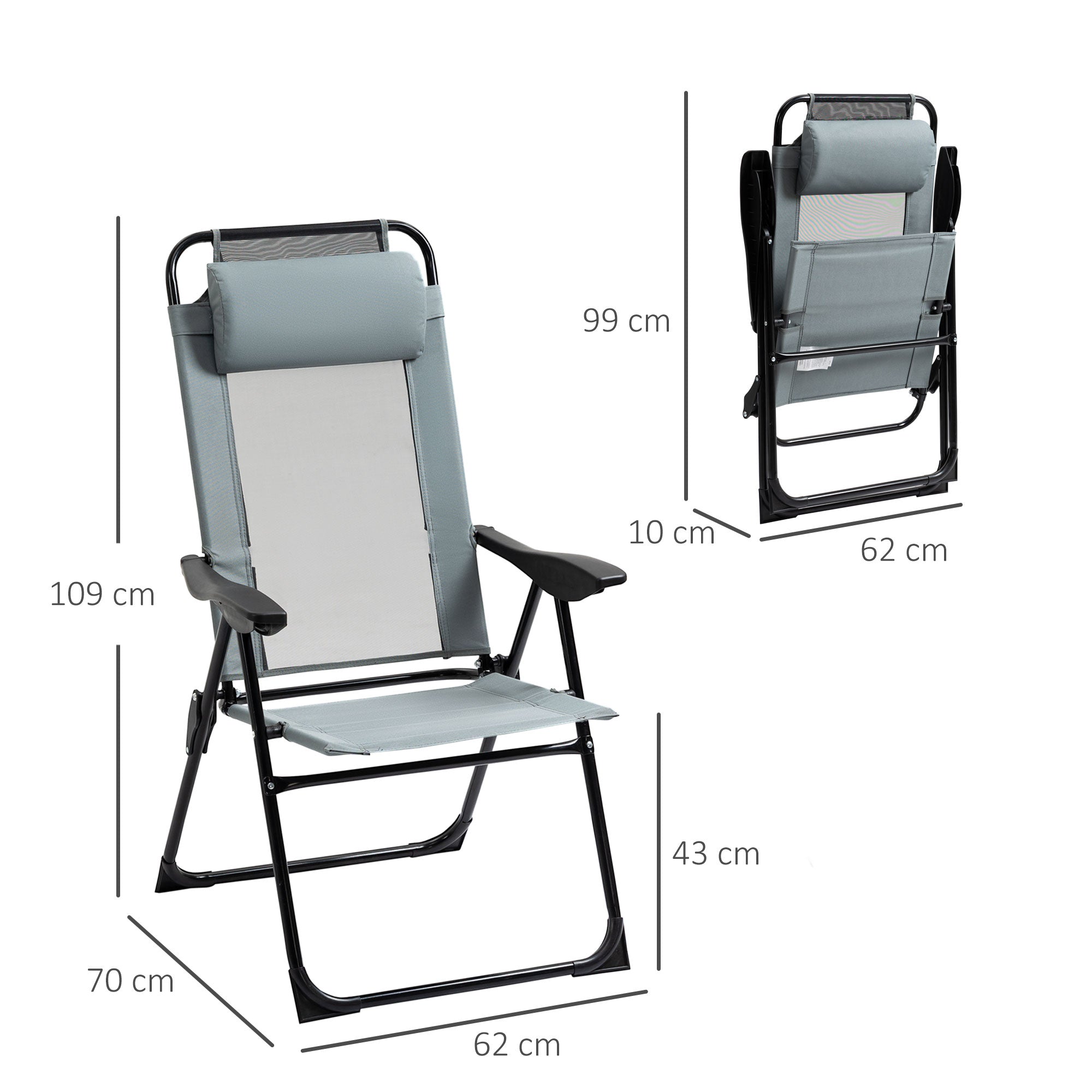 Set of 2 garden chairs basic set of 2 folding chairs camping chair balcony chair adjustable armrest backrest in 5 positions removable pillow provided gray textilene oxford fabric