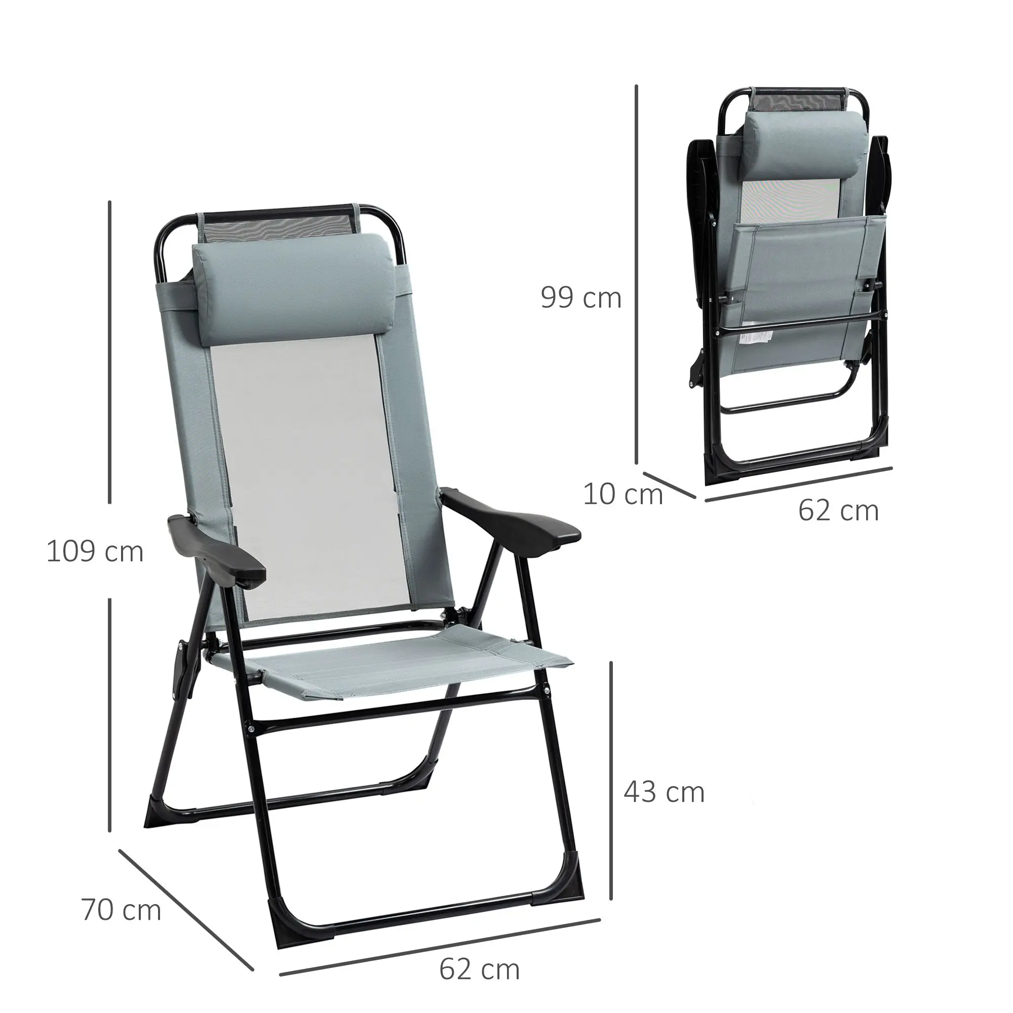 Set of 2 garden chairs basic set of 2 folding chairs camping chair balcony chair adjustable armrest backrest in 5 positions removable pillow provided gray textilene oxford fabric